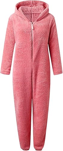 Miniatura 4 de Mono de vellón tipo mameluco de sherpa para mujer, pijama de una sola pieza con cremallera, talla grande, con capucha, pijama de felpa