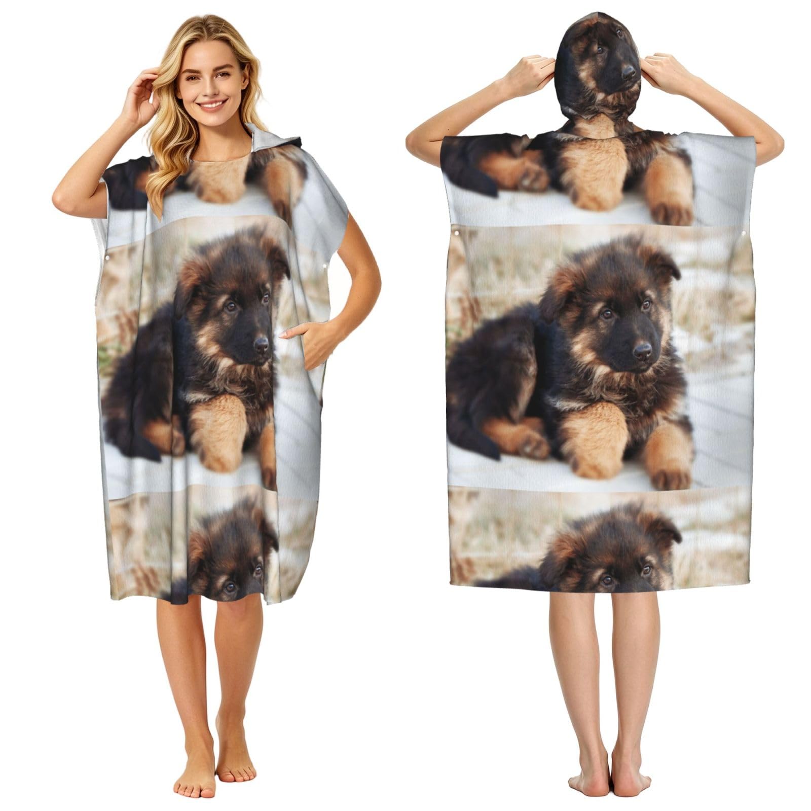 Poadnly German Shepherd Puppies Print, Adult Hooded Beach Towel 90 x 110 cm,Changing Bath Robe, Surf Poncho Towel For Women Men
