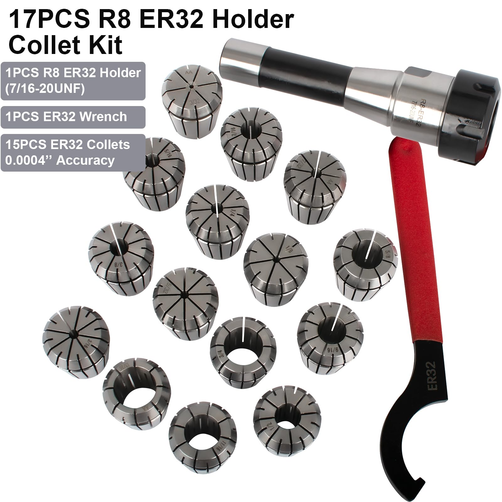 JAHEZYAN R8 Collet Set with 15 PCS ER32 Collets, R8 ER32 Collet Holder Chuck Kit