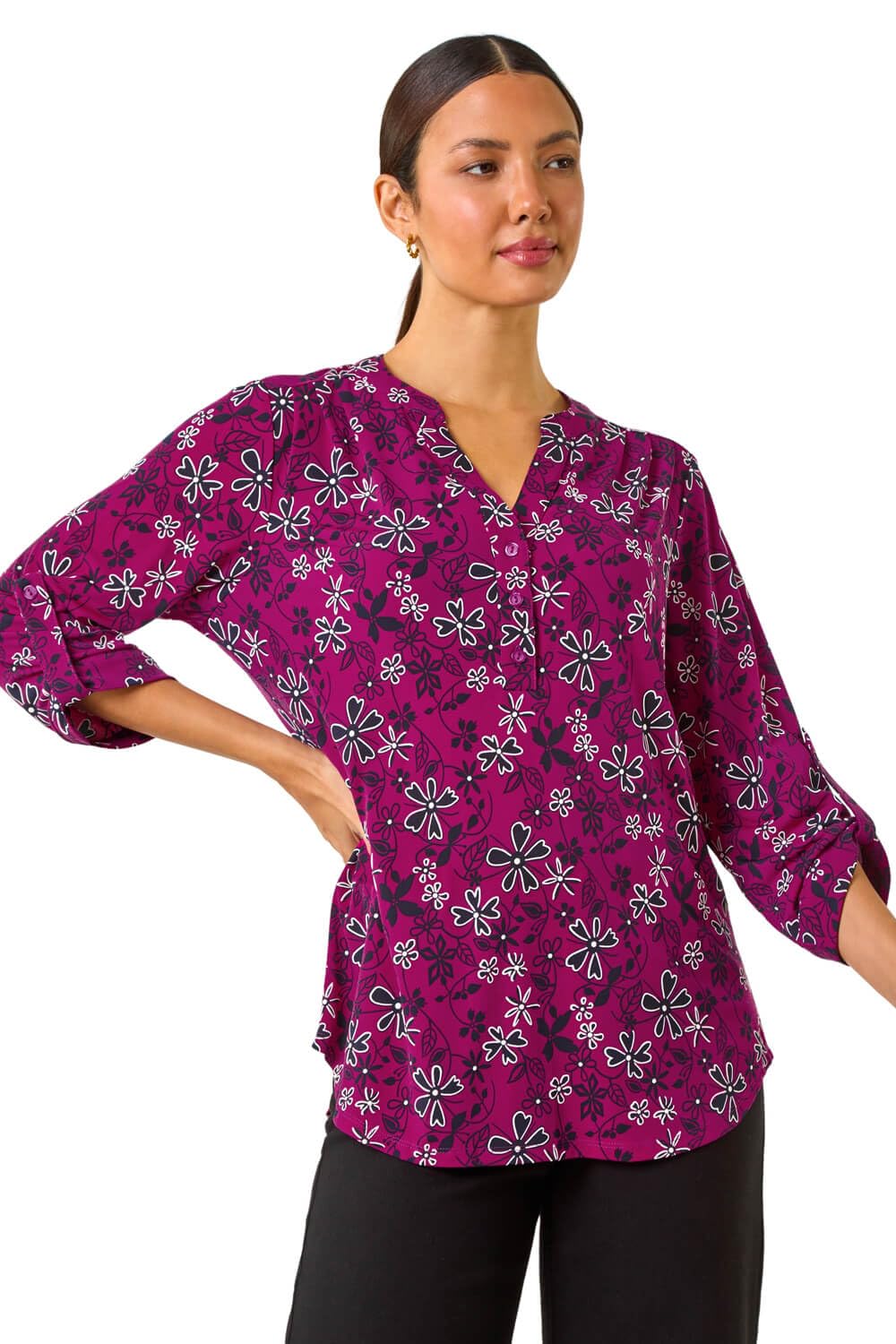 Roman Originals Women's Magenta Roman Shirt For Uk Top Collarless Blouse Stretchy Tunic Smart Casual Autumn Winter Jersey 3/4 Length Sleeve Notch V Neck Flattering Office Work - Size 12