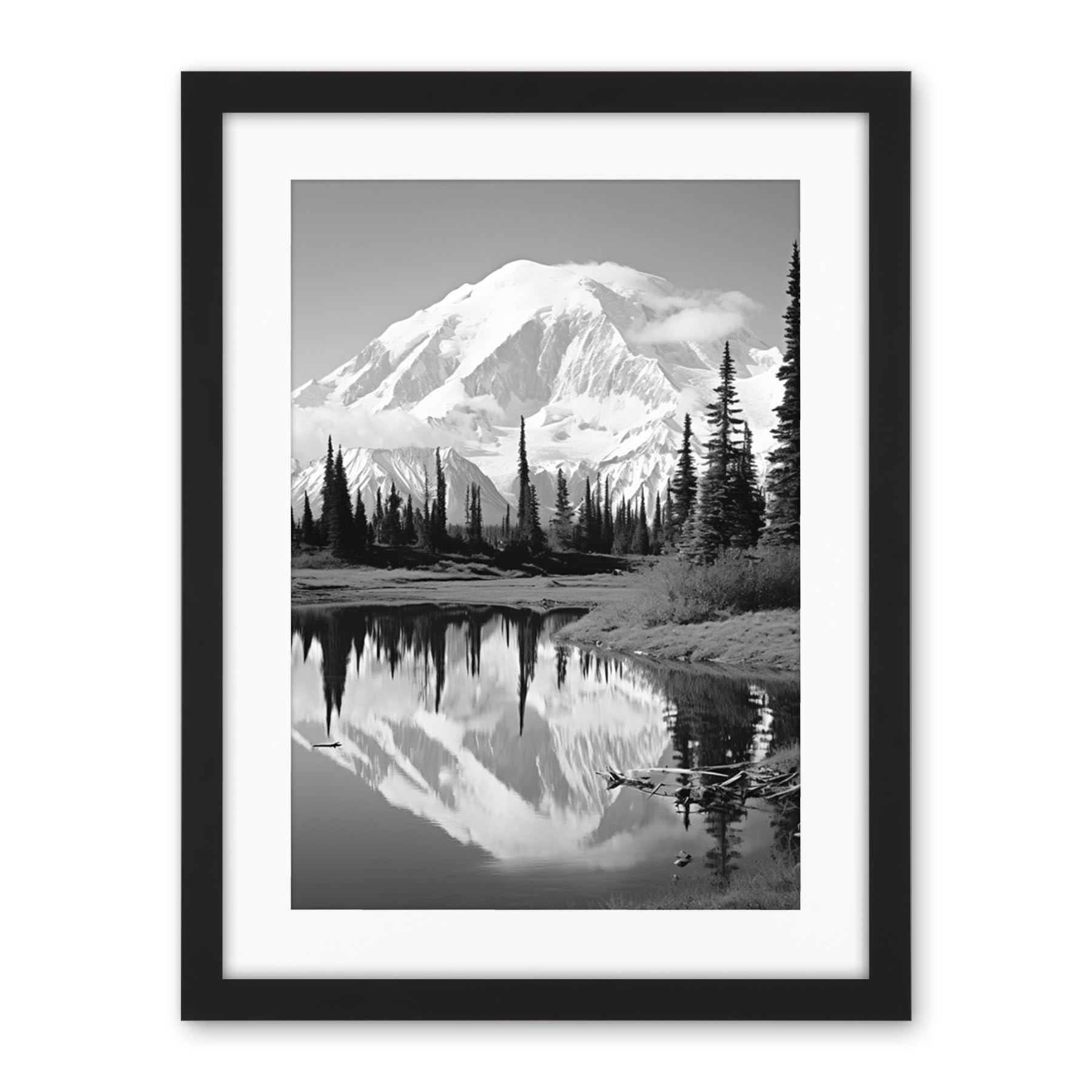 Artery8 Mount McKinley Reflecting on Wonder Lake Tranquil Water Black and White Photograph Scenic Mountain Valley Landscape Artwork Framed Wall Art Print 18X24 Inch