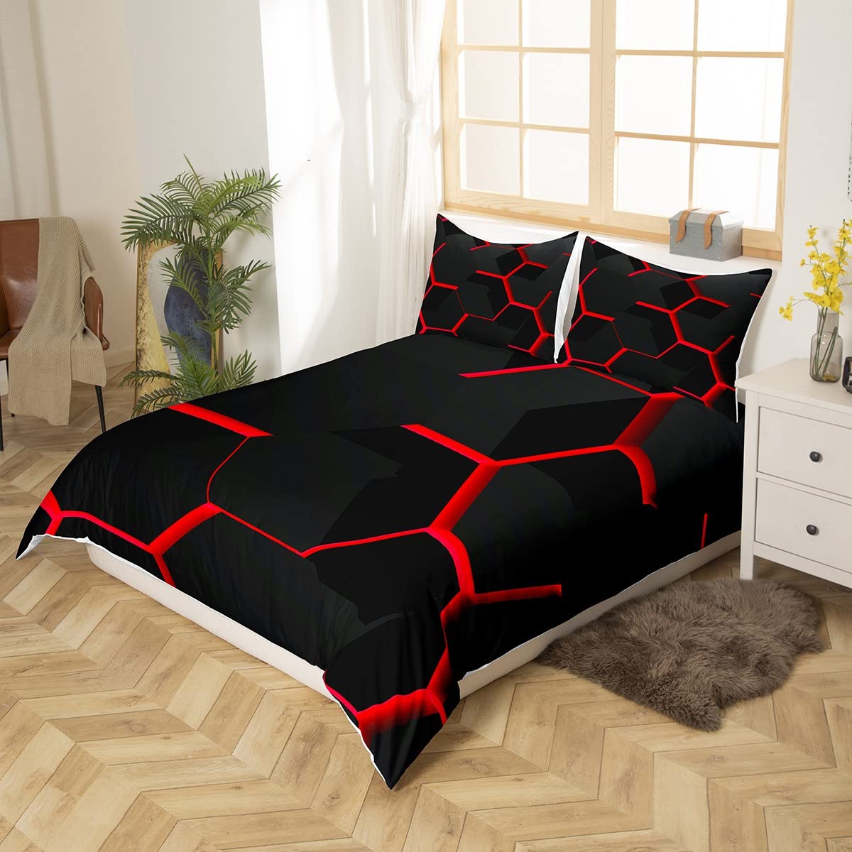 Geometric Honeycomb Duvet Cover Red Hexagon Comforter Cover Beehive Hexagon Bedding Set Geometrical Bedspread Cover Beehive Decor King Bedclothes Zipper - Image 3