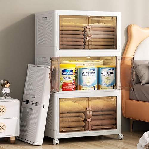 Miniatura 5 de Paquete de 4 cubos grandes de plástico plegables con ruedas, 21 galones, organizadores plegables apilables con tapas, ideales para niños mayores de