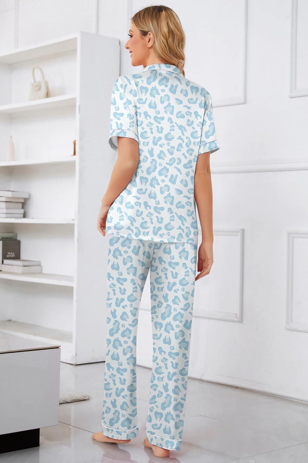 Umeyda Girls Pajamas, Satin Pjs Silk Sleepwear Comfy Family Matching 2Pcs Lightweight Loungewear Gift for Teen Kids, Blue Leopard, 13-14 Years = Tag 170 - Image 6