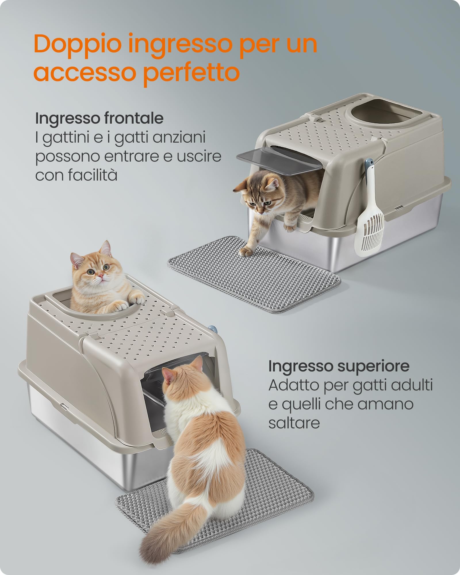 Feandrea Lettiera per Gatti in Acciaio Inossidabile con Coperchio Ribaltabile, Lettiera Chiusa XL Anti Perdite, Paletta, Spazzola, Doppio Ingresso, per Gatti fino a 15 kg, Beige Cappuccino PPT005K01