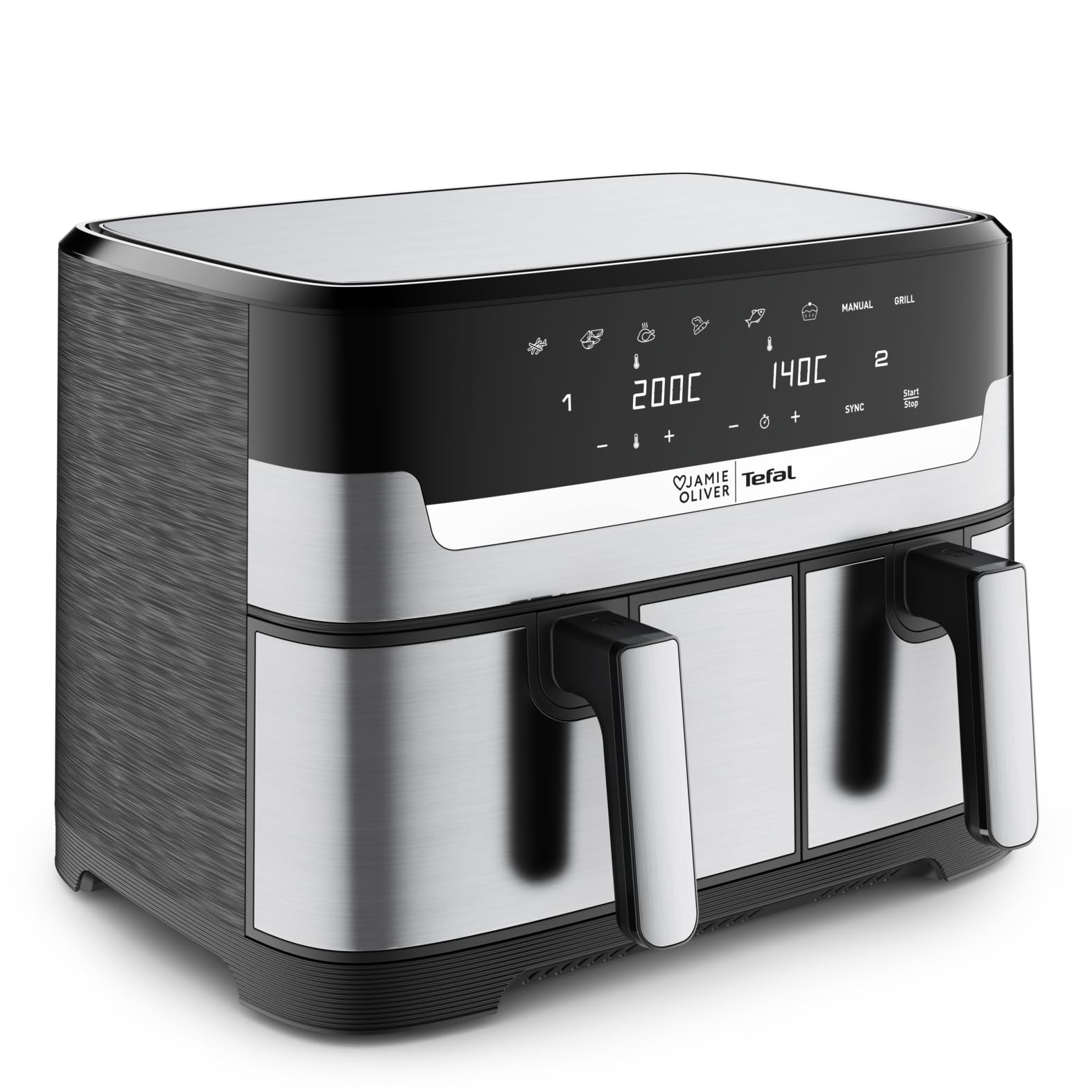 Jamie Oliver by Tefal Dual Drawer Heißluftfritteuse 8,3 L – Airfryer mit 2 Kammern & Grillfunktion, 8 Programme, Sync-Modus für gleichzeitiges Garen, fettarm frittieren & energiesparend EY90JDE1