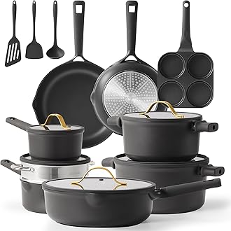 CAROTE17pcs Pots and Pans Set Non Stick Dark Grey, Kitchen Cookware Set with Gold Trim, Premium Nonstick Pot and Pan, Induction Cookware