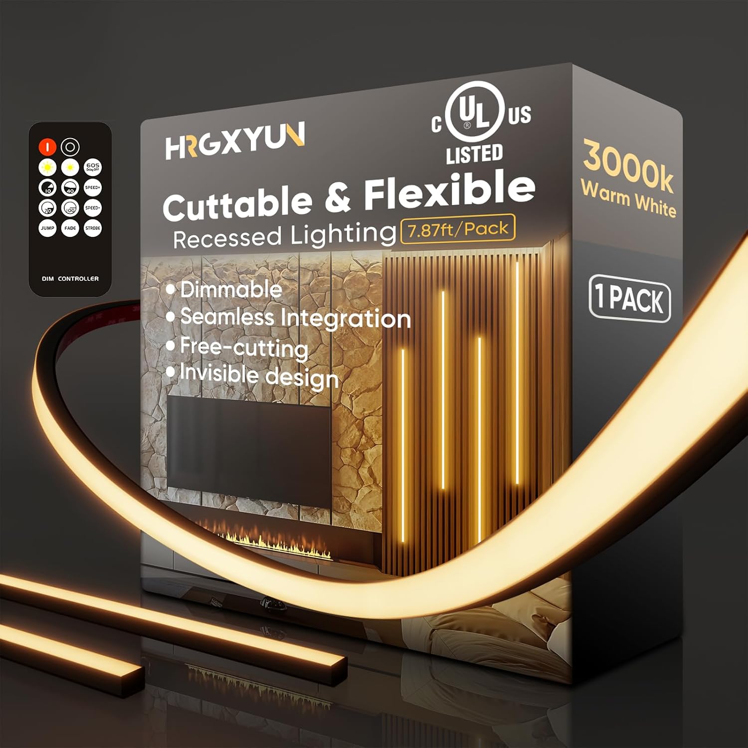 Dimmable LED Recessed Light Kit 1Pack, 3000K Warm White LED Wall Panel Light, 7.87ft/Pack Self-Adhesive Retrofit Strip for Wood Slat Walls, Accent & Acoustic Panels, 24V, UL Listed