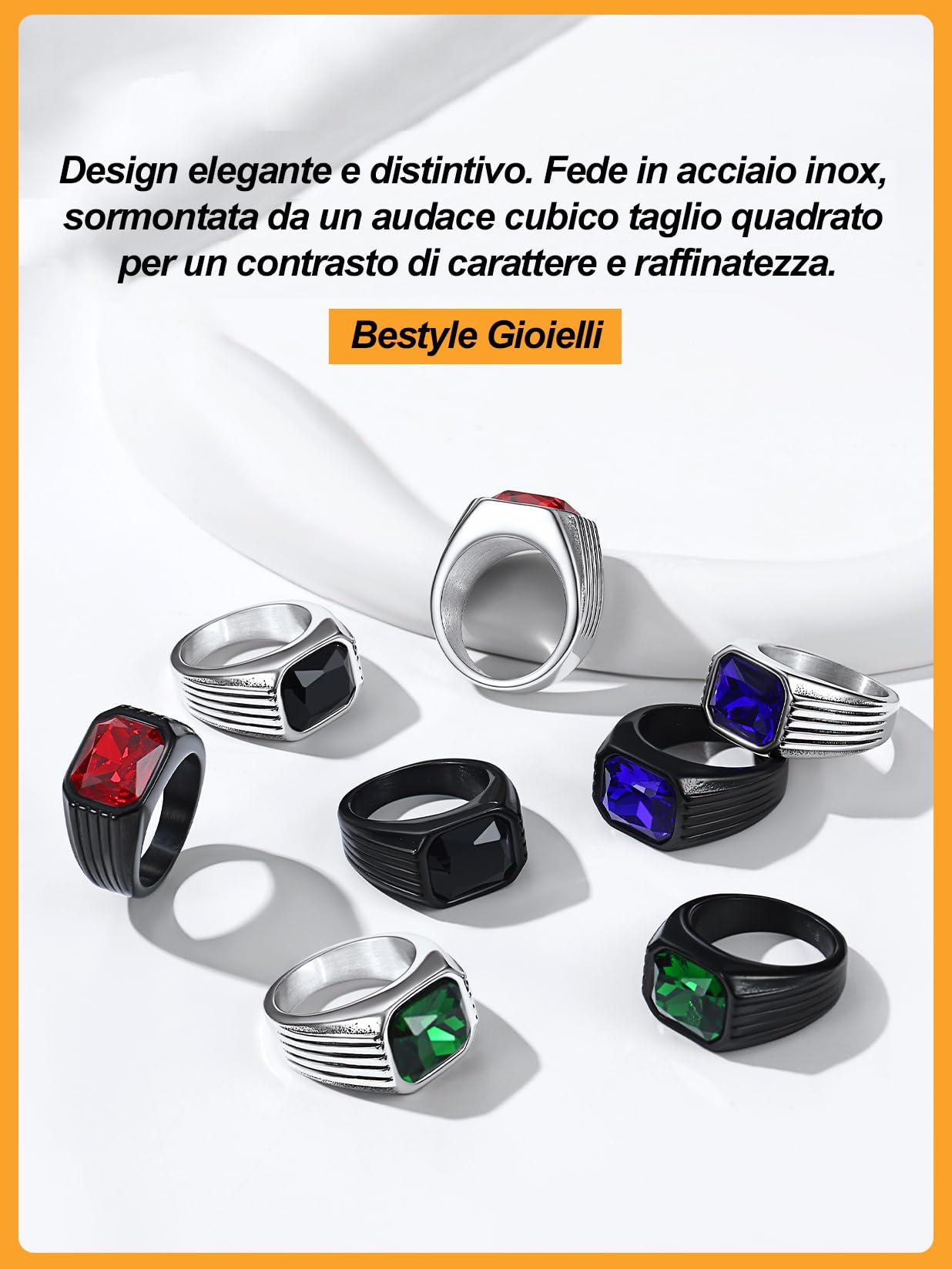 Bestyle Anello Acciaio Inossidabile Uomo, Anello Uomo Argento/Nero con Pietra Rubino/Zaffiro/Smeraldo/Onice Nero, Anello Personalizzato Ragazzo Maschio con Misura IT 14.5-32.5, Idee Regalo