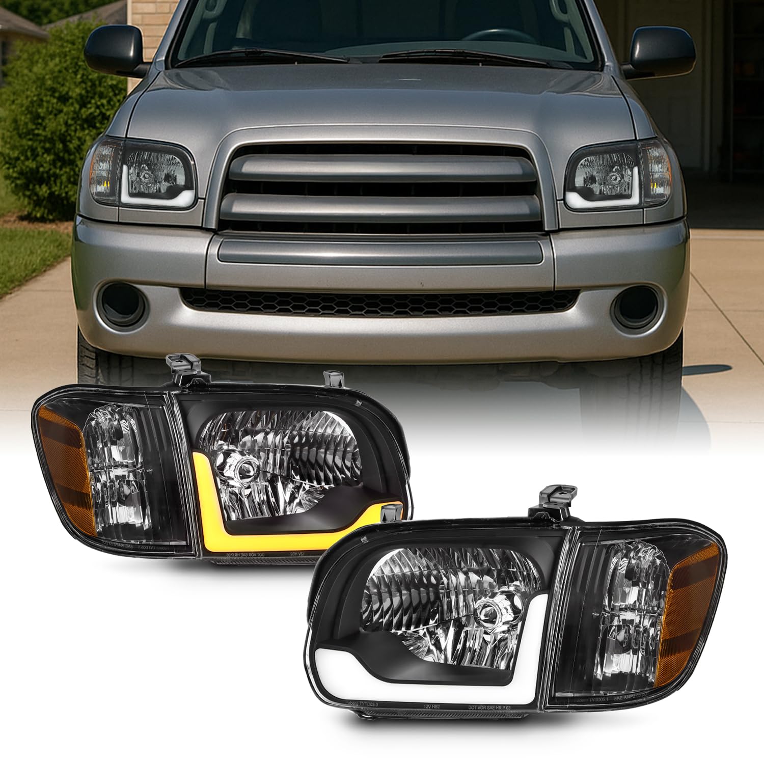 AKKON - Fit 2005-2006 Toyota Tundra Crew Cab Black Headlights Pair Driver & Passenger w/LED Tube DRL Switchback Signal
