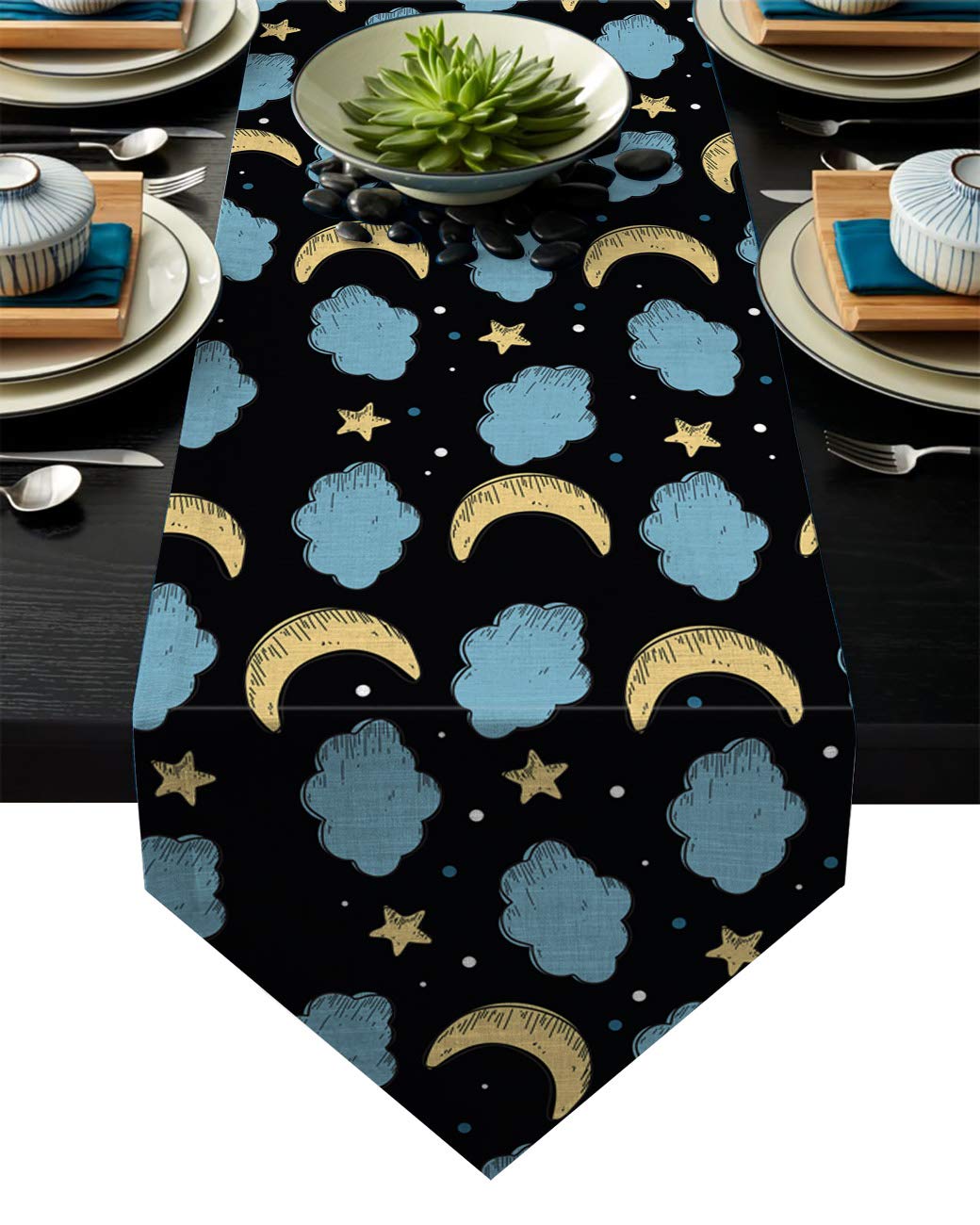 Fandim Fly Dining Table Runner 13 x 70 Inch, Moon Star and Clound Universe Night Sky Pattern Table Runners for Morden Stylish Wedding Party Holiday Table Setting Decor
