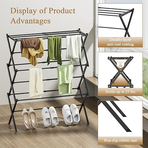 Miniatura 2 de Tendedero plegable para ropa, 3 niveles, portátil, para interiores y exteriores, antioxidante, compacto, plegable, negro, 28 pulgadas de profundidad