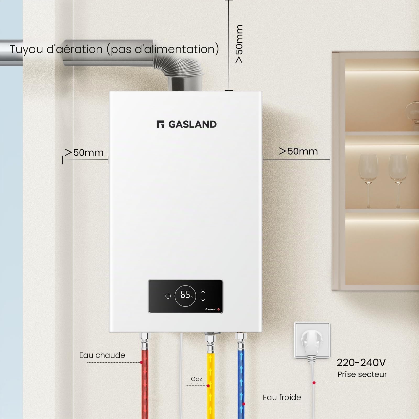 GASLAND Gasmart C GS318LP Chauffe-eau domestique à gaz 12L instantané propane/butane (28-50) mbar chauffe-eau intérieur, faible NOx, chaudière à gaz scellée pour salle de bain, cuisine, buanderie