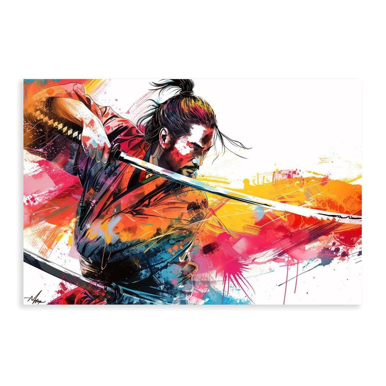 Pyberon Unframed Print-Style Colorful Samurai Canvas Poster For Office Decor Gift