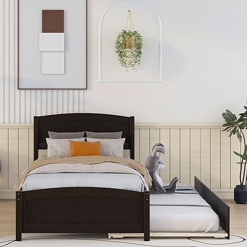 Miniatura 3 de Harper & Bright Designs Base de cama individual, plataforma de madera con nido, cabecero, estribo y soporte de listones de madera (espresso con nido)