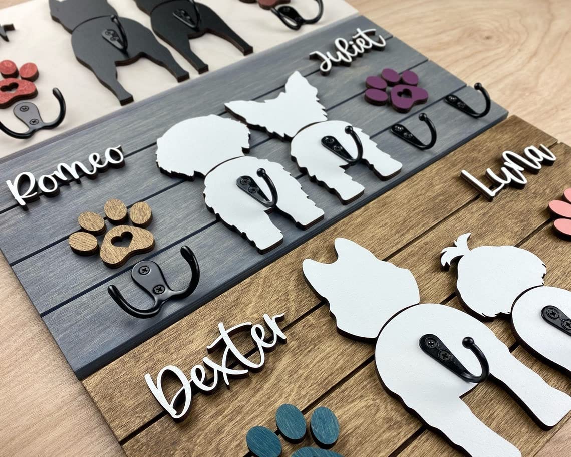 Portaborraccia per cani personalizzato da parete, nome personalizzato, razza e selezione del colore cartello in legno per targa portachiavi organizer per guinzaglio (il portachiavi della famiglia