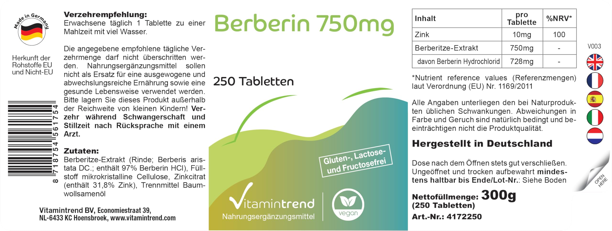 Vitamintrend Berberina 750mg, 250 tabletas, con zinc, altamente dosificado 97% berberina HCl, complemento alimenticio vegano sin estearato de magnesio, fabricado en Alemania