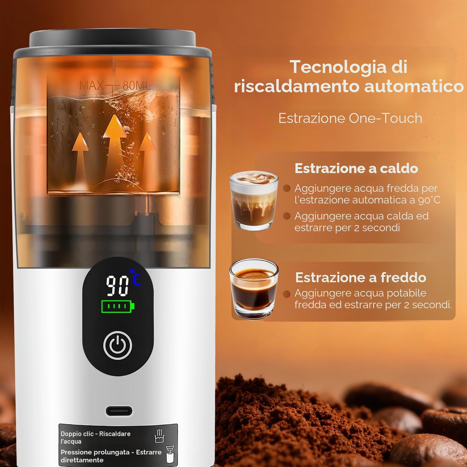 Mini macchina da caffè portatile 3 in 1 con batteria - Macchina per caffè espresso per auto USB-C - Compatibile con capsule e caffè macinato - Ideale per camper