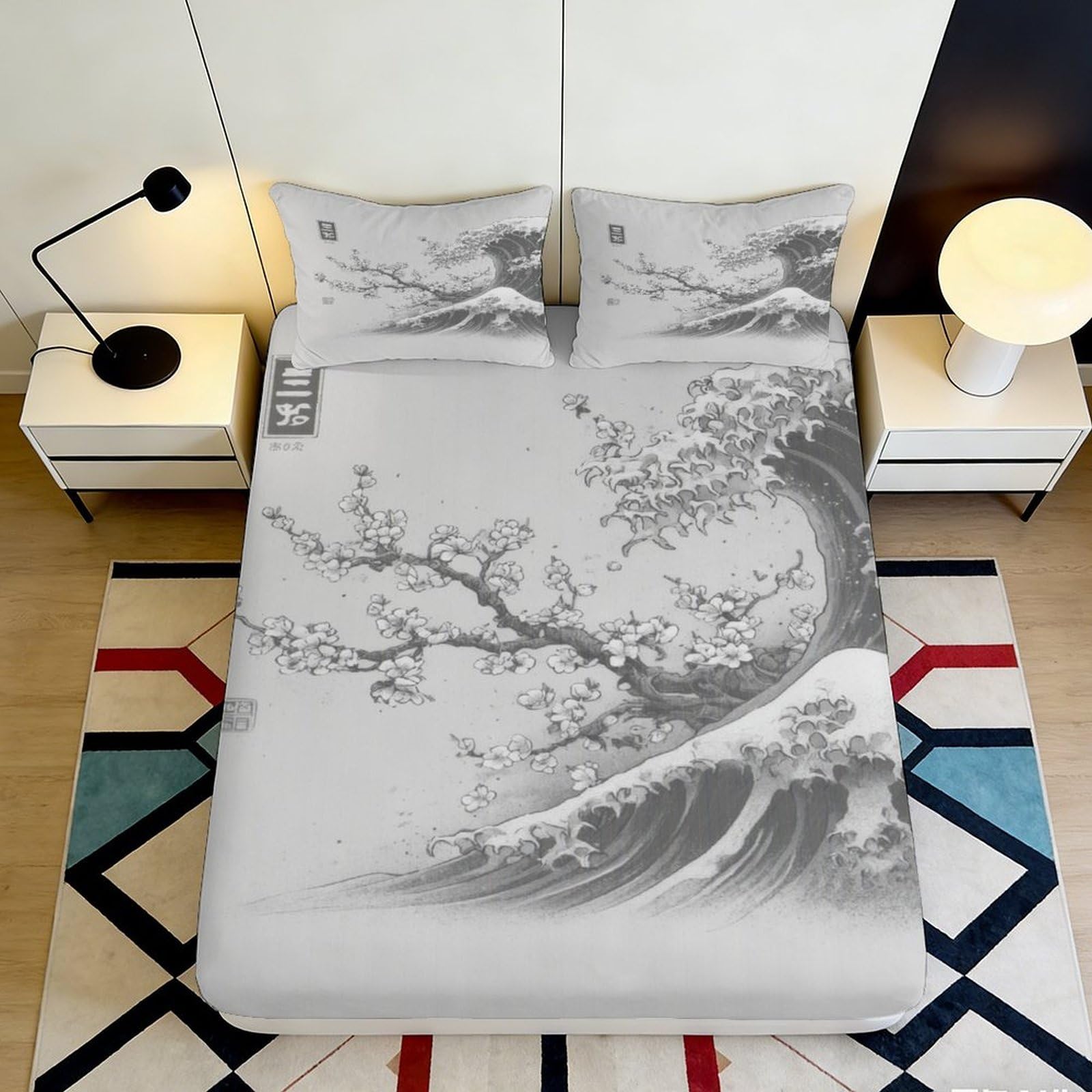 3D Printed Ink Wash Wave Fitted Sheet Microfiber Soft Plum Blossom Mattress Cover for Bedroom Dorm Decor 90x200x25cm