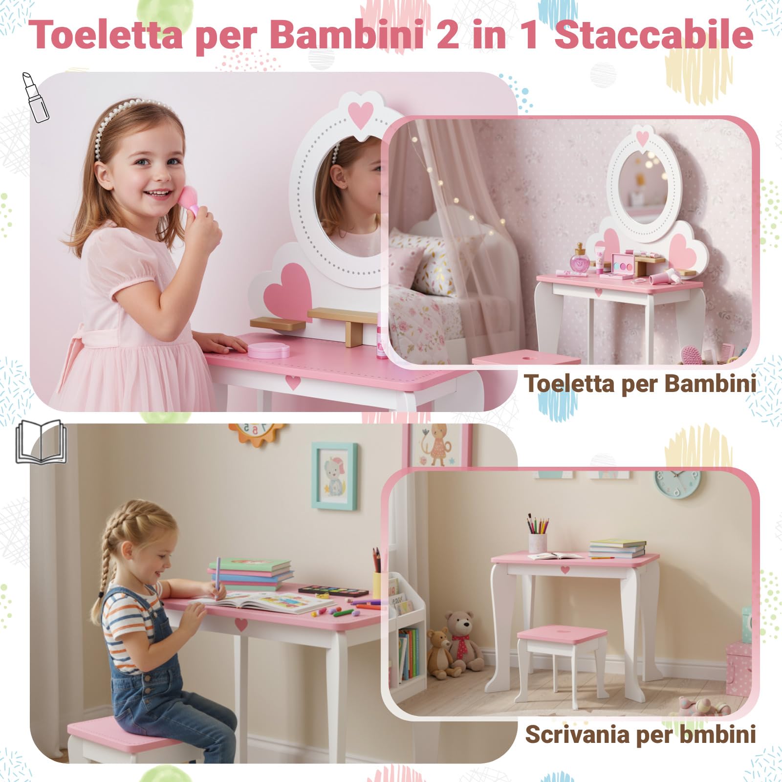 Clevich 2 in 1 Toeletta per Bambini, Toeletta da Trucco con Specchio Bambini, Scrivania in Legno con Sgabello, Robusto e Durevole, per Bambini dai 3-8 Anni (Bianco)
