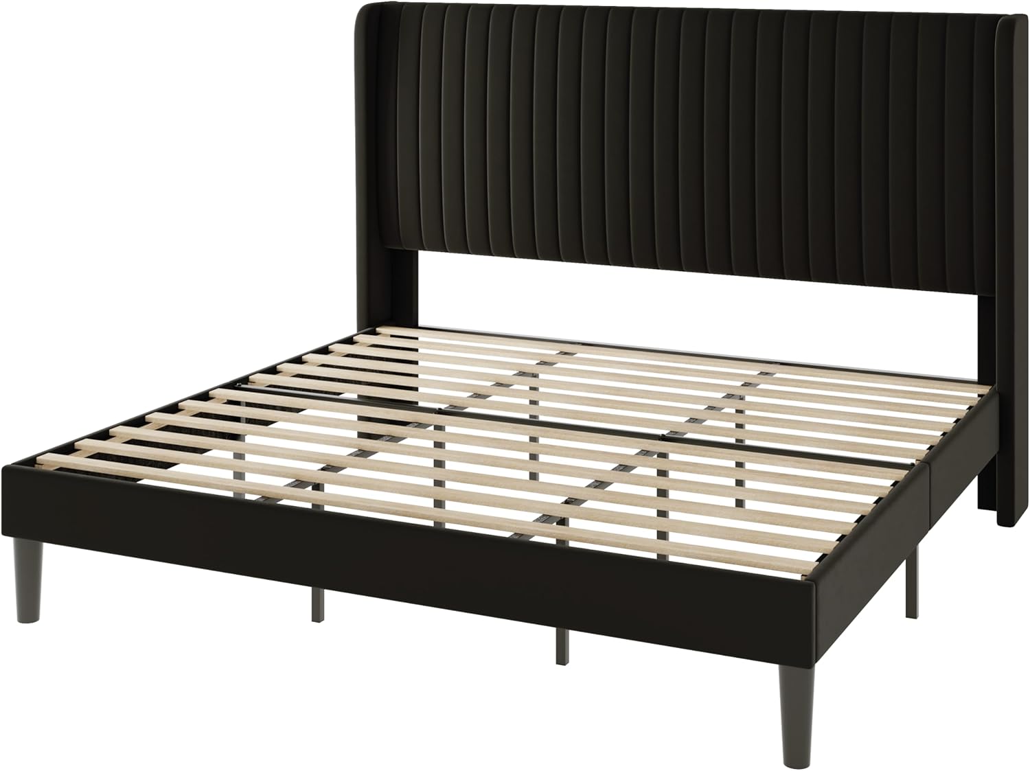 Allewie King Size Velvet Bed Frame/Vertical Channel Tufted Wingback Headboard/Upholstered Platform Bed/Strong Wooden Slats/No Box Spring Needed/Easy Assembly/Black - Image 9