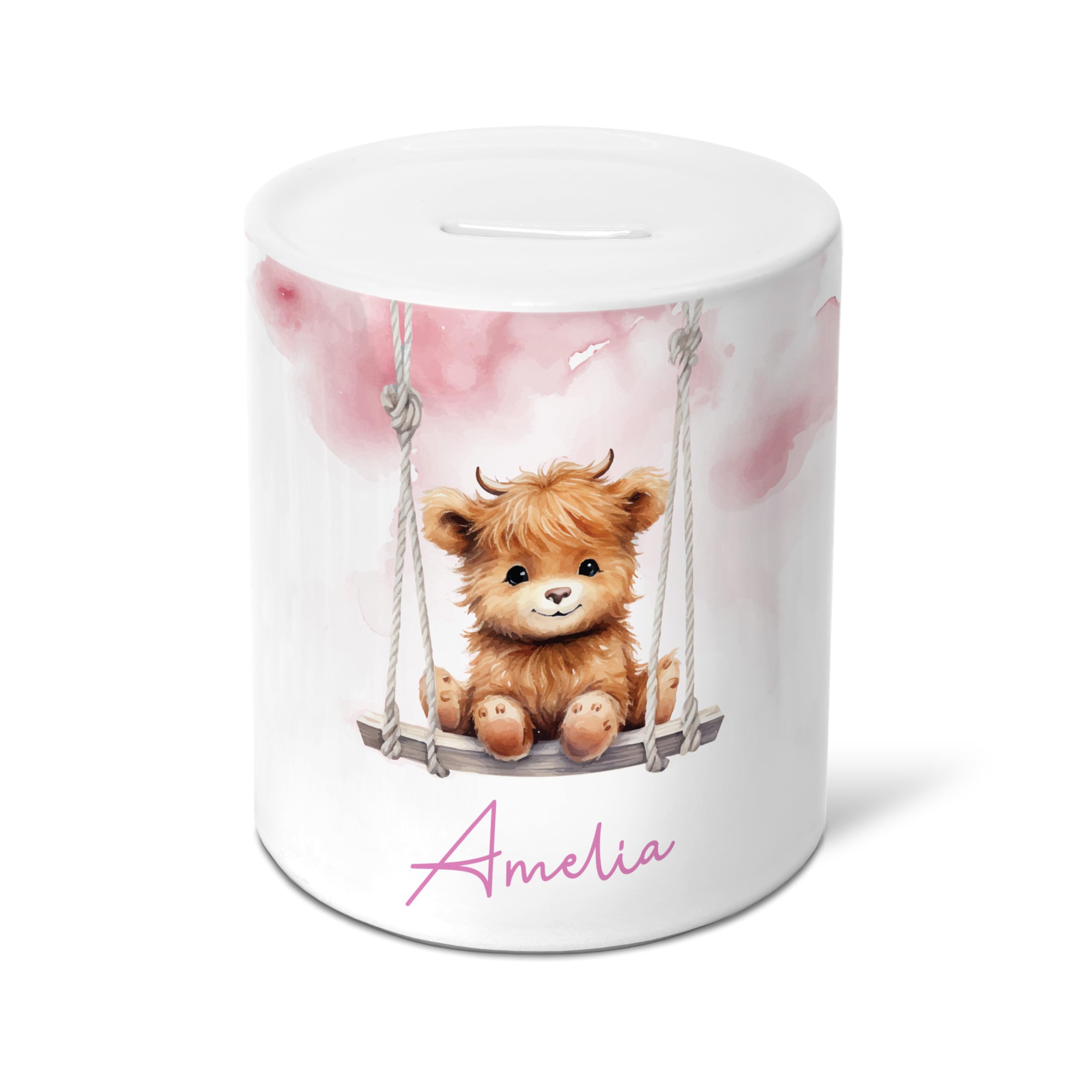 Personalised Animals on Swing Christening Money Box - Ceramic Piggy Bank for Newborn, Baby, Toddler or Child - Pink Theme Highland Cow
