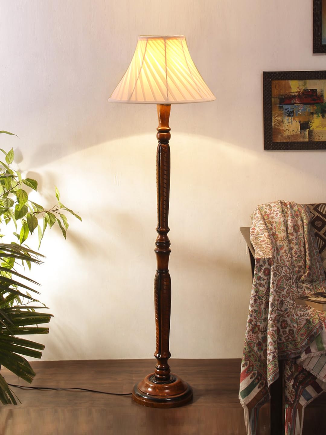 Devansh Cross Pleated Off-White Cotton Wooden Floor Lamp -32-image-15