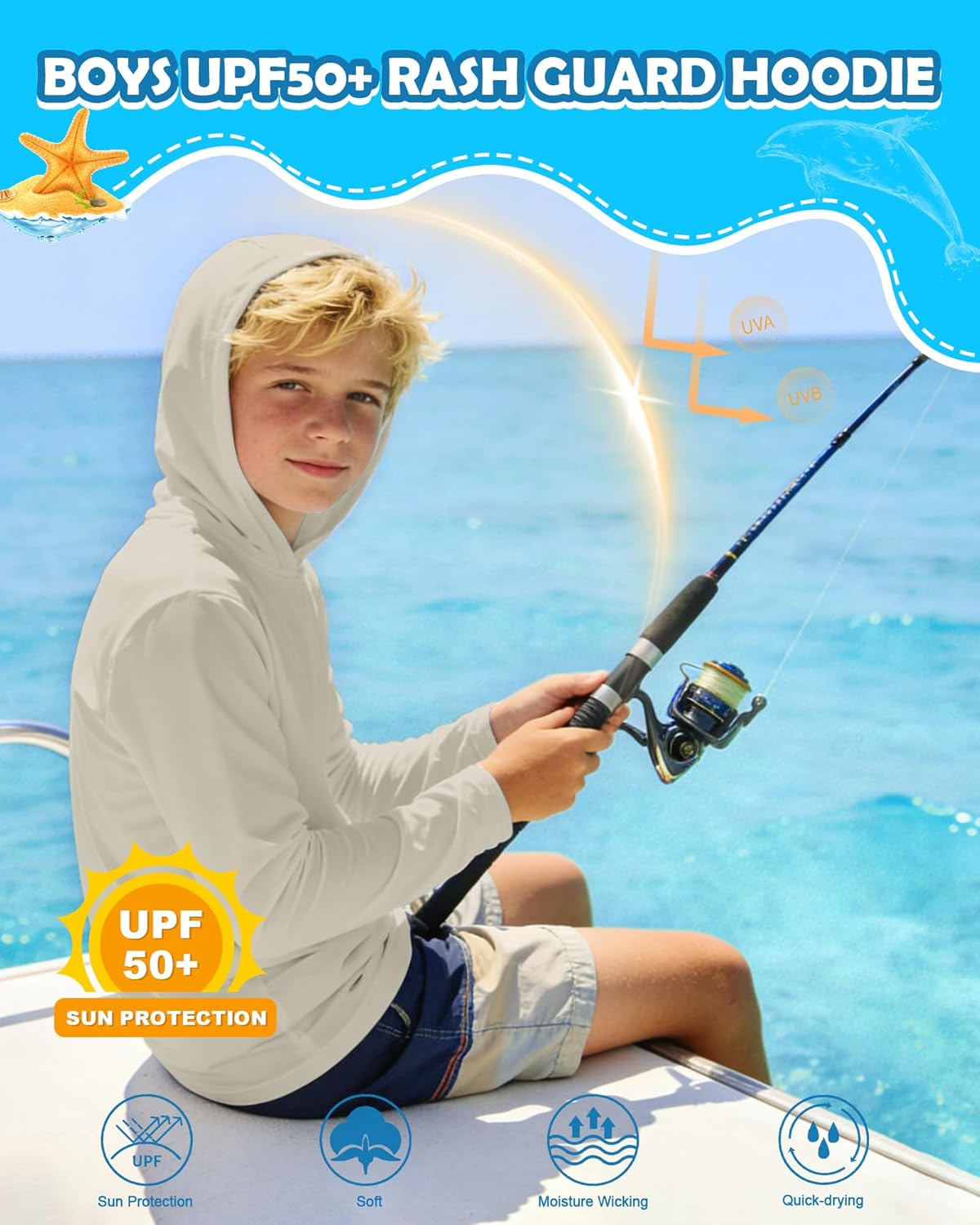 Runhit Boys & Toddler UPF 50+ Rash Guard Hoodie Kids UV Sun Protection Long Sleeve Shirt for Fishing Outdoor Beach Camping - Image 3