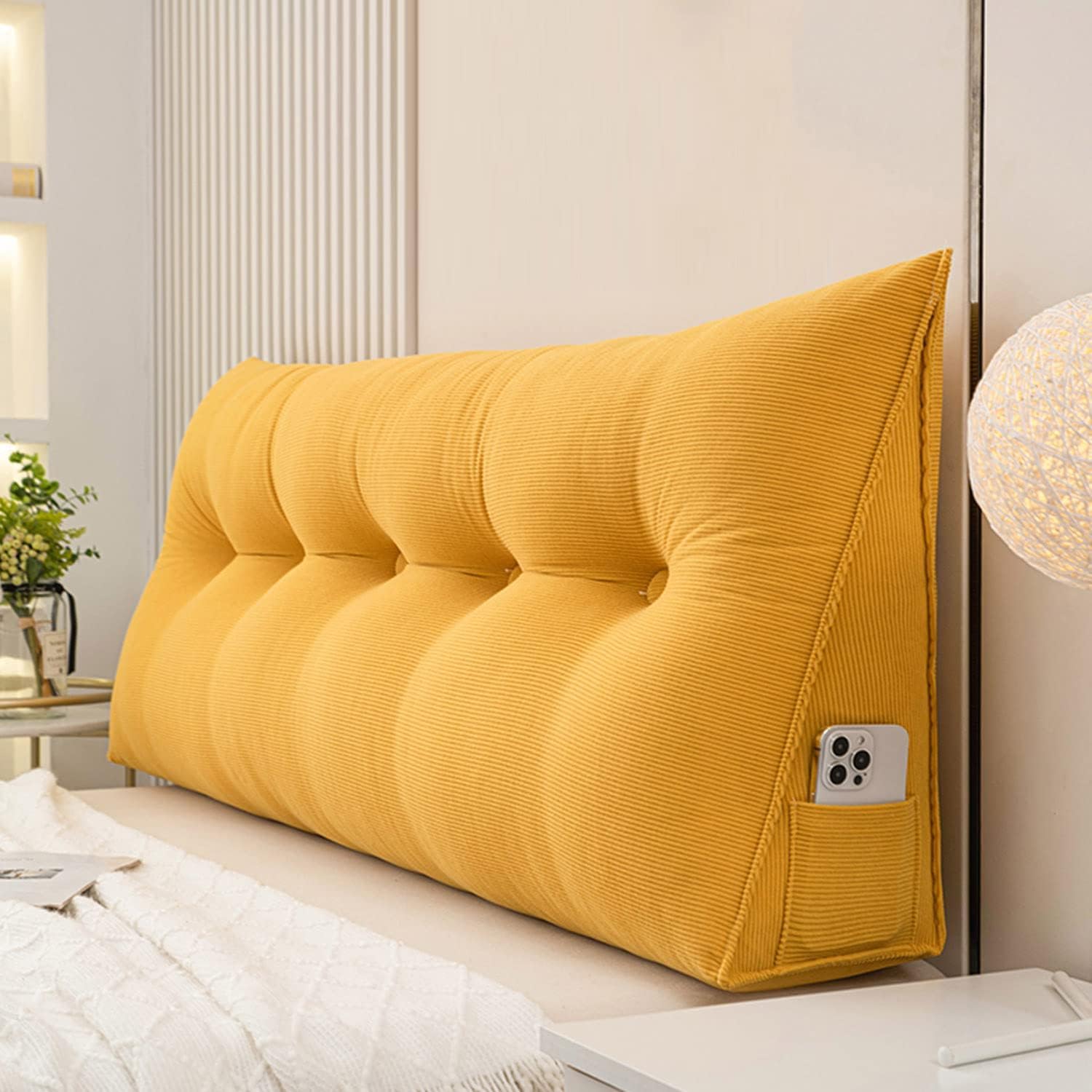 Poduszka w rozmiarze queen size, trójkątny zagłówek, podparcie sztruksu, oparcie łóżka, poduszka do czytania, pozycjonowanie lędźwiowe, miękka poduszka do siedzenia na łóżku (żółta, 200 cm, king))