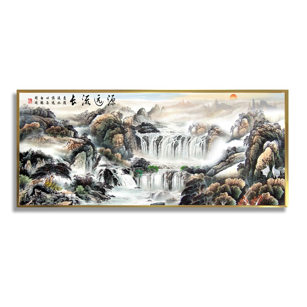 Via Vela Chiński krajobraz płótno sztuka ścienna wodospad sceneria grafika wydruki orientalny styl malarstwo duży mural plakat do salonu dekoracja 40 x 101 cm ze złotą ramą