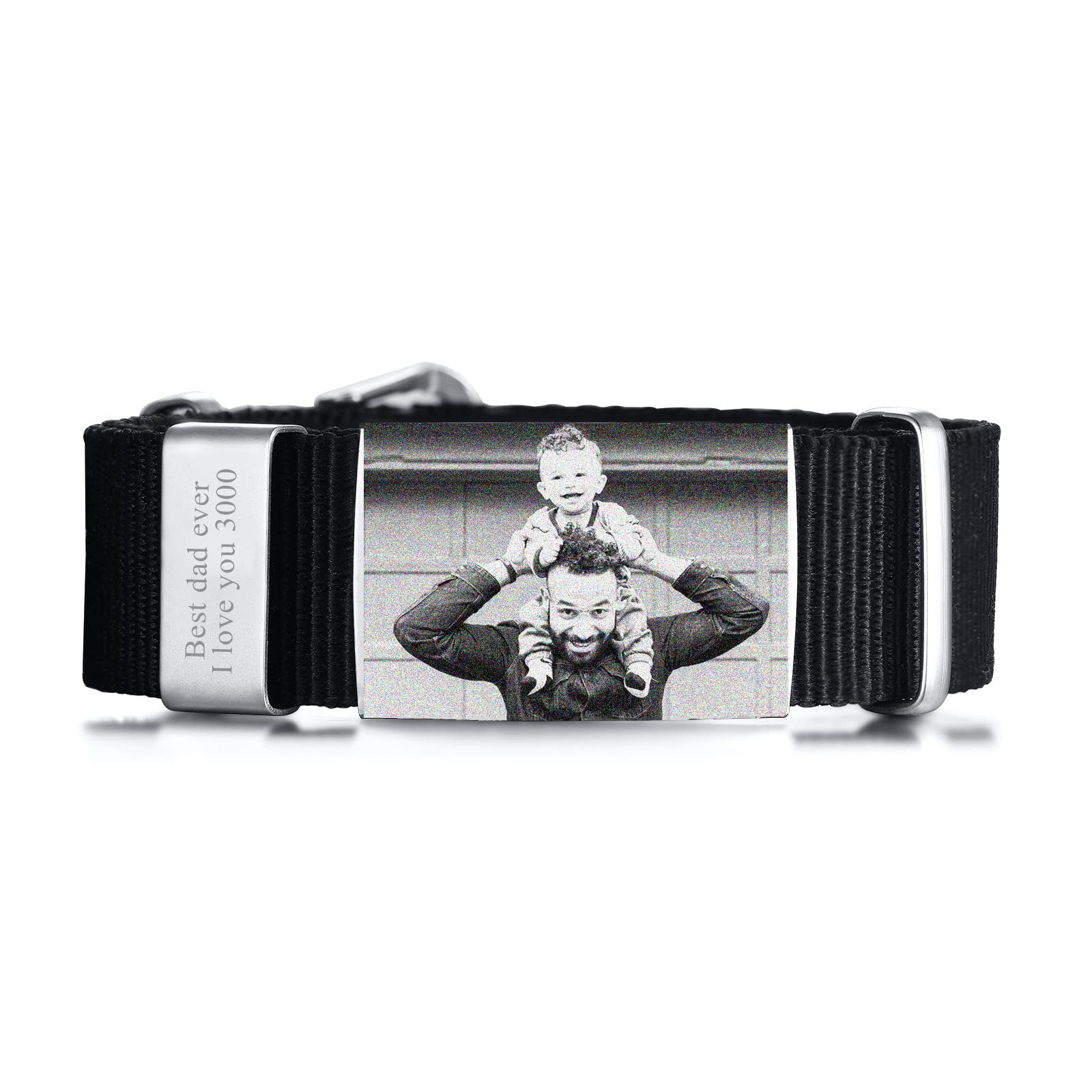 VNOX Pulsera de Hombre Nombres de Fotos Personalizados Acero Inoxidable Pulseras de Banda Deportiva de Nailon Ajustables Pulsera de Identificación con Imagen Grabada Regalo para Hombres Papá Padre
