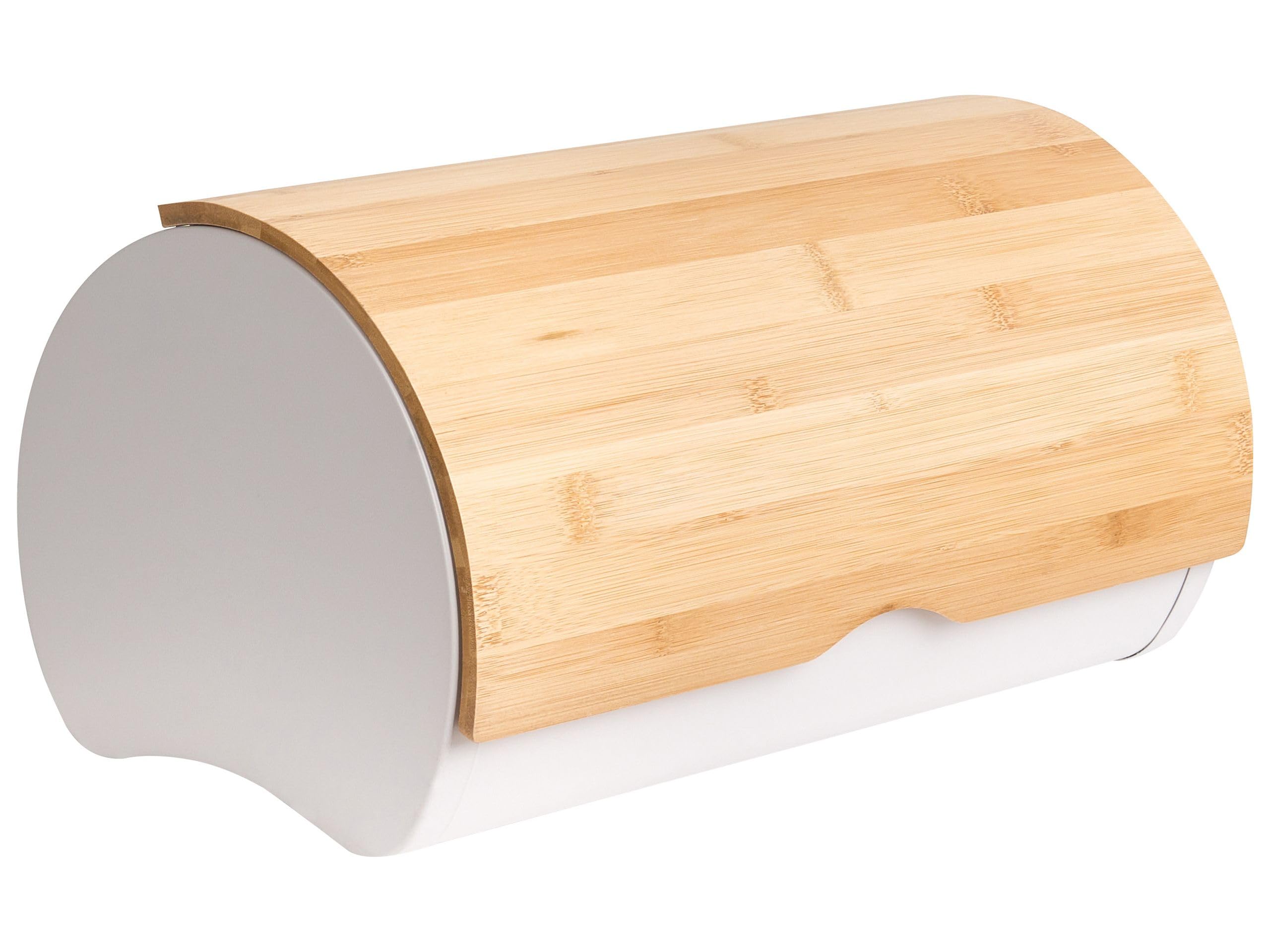 Beliani Brotkasten Eisen weiß/hellbraun mit Bambus-Klappdeckel halbrund 38 x 24 x 20 cm modern Saveur