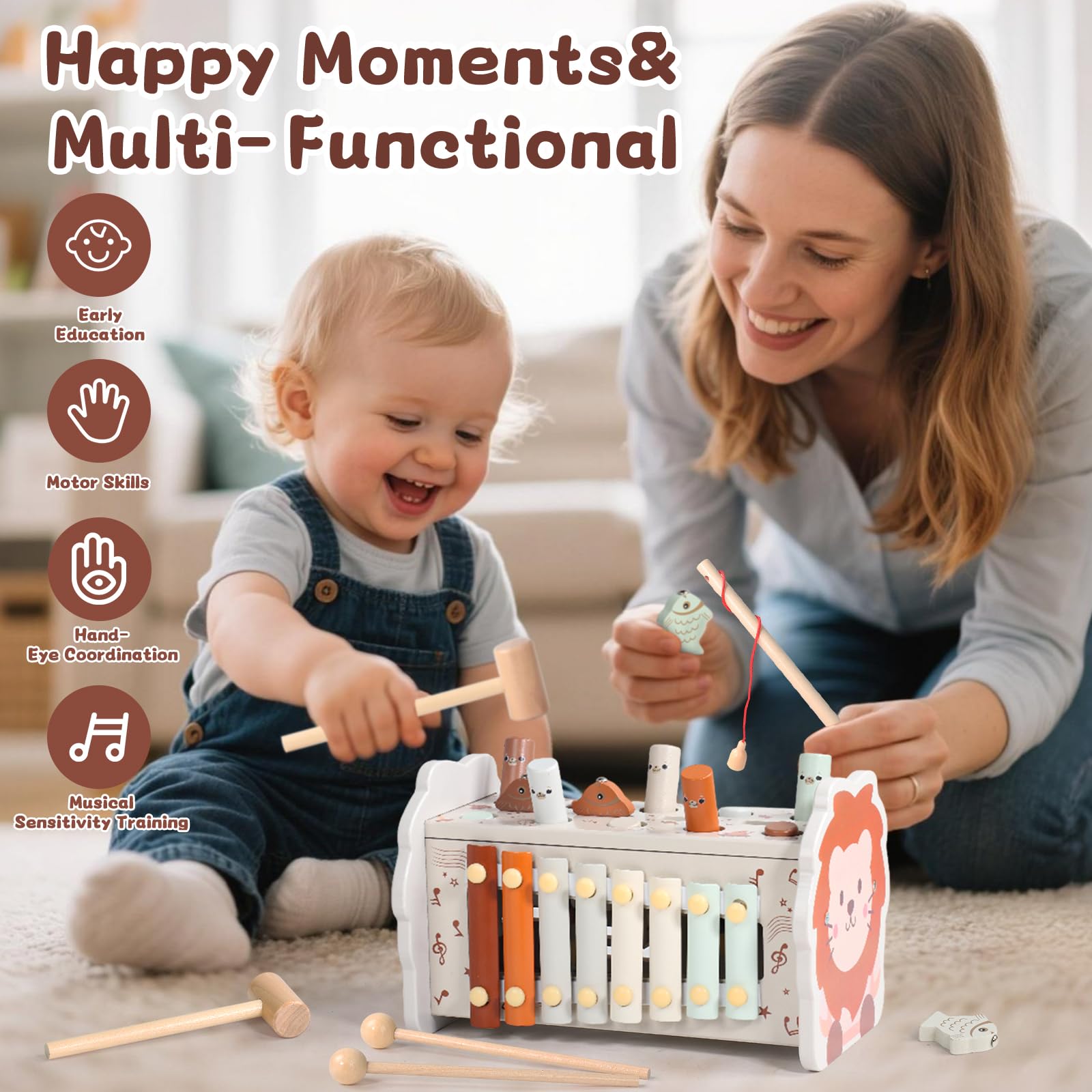 Jouet Montessori 1 an 4 en 1 Tape-Taupe Xylophone Bebe Pêche Labyrinthe Bois Educatif