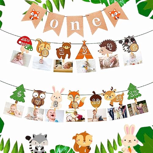 LaVenty Set of 2 Woodland First Year Photo Banner Wild One First Birthday Party Decoration Forest Animal 12 Month Banner Woodland Animal Party Woodland 1st Birthday Banner