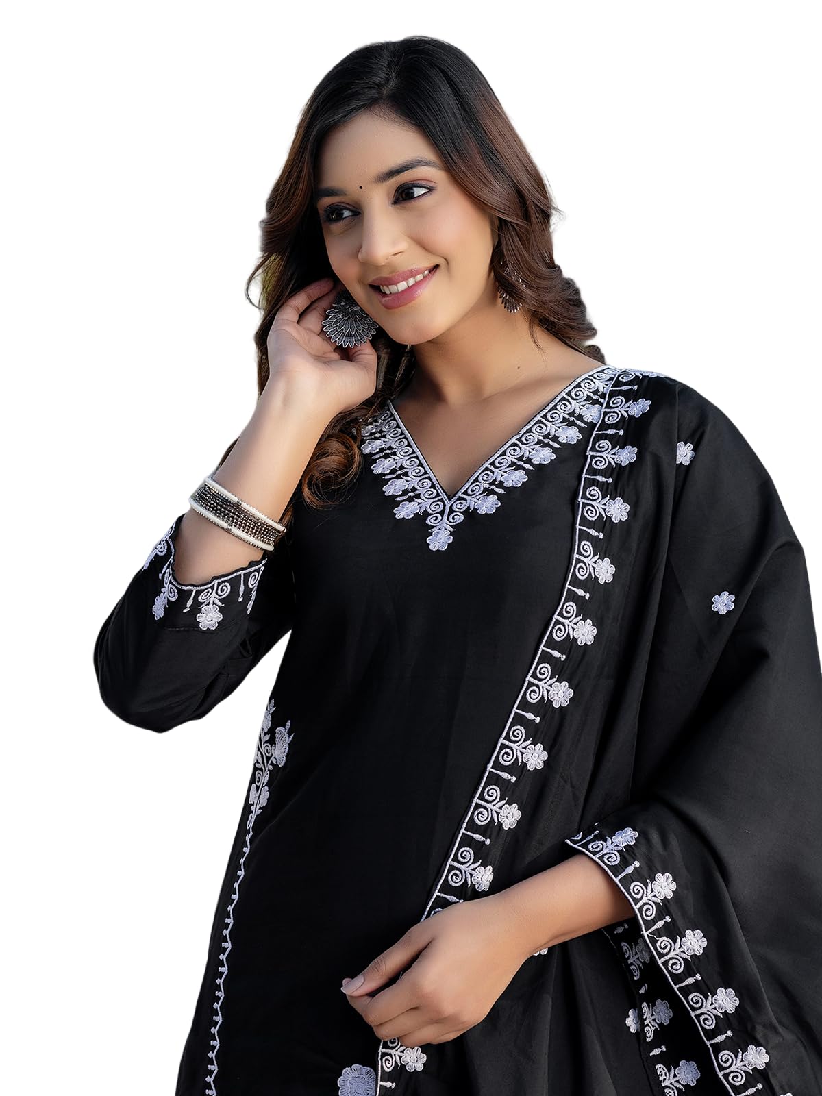 Sanisa Women's Silk Embroidery Straight Kurta With Pant And Dupatta Set (235Kbd2486N-M_Black)