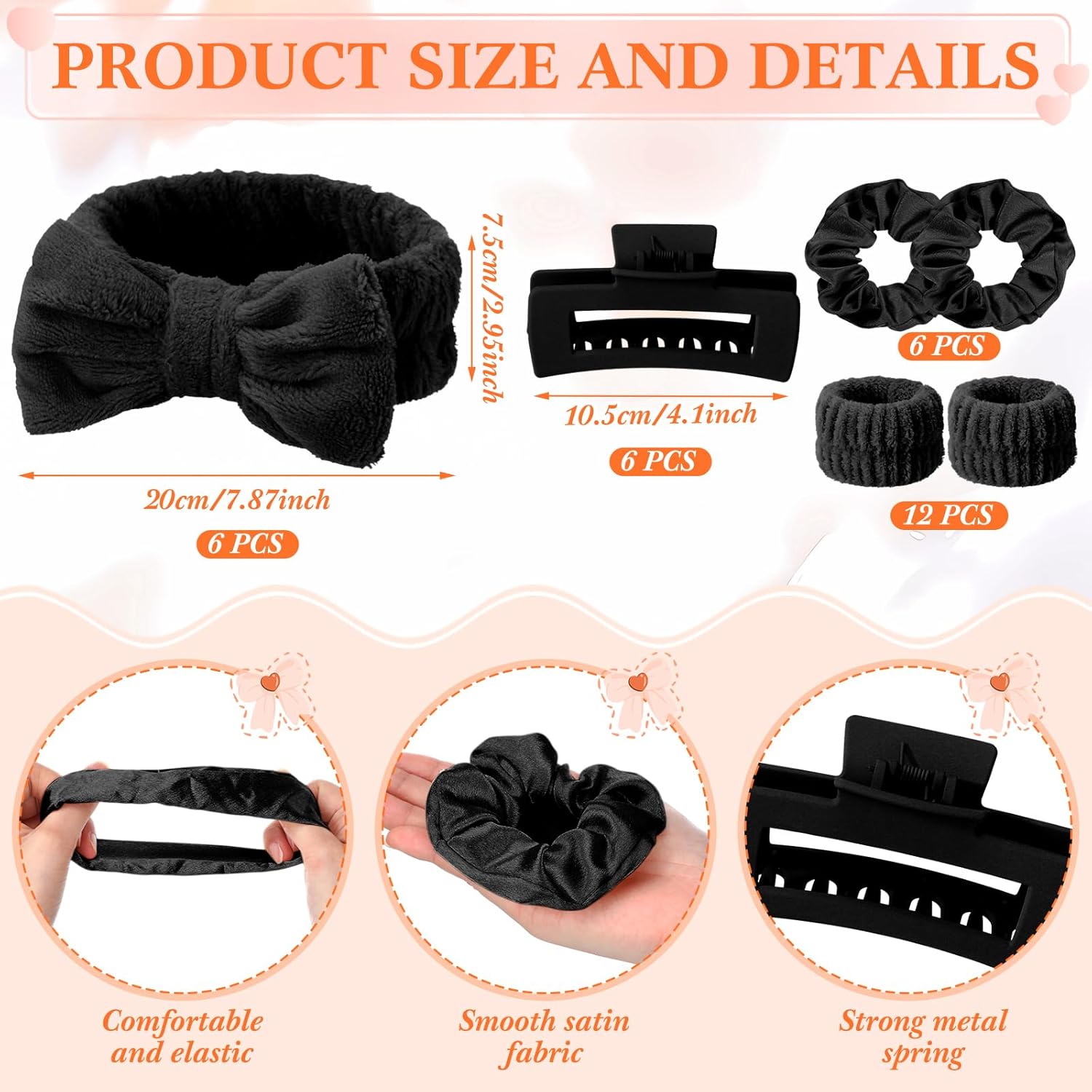 48 Pcs Galentines Spa Party Favors Valentine Gift Sleepover Party Supplies Bow Headband Wristband Scrunchies Hair Clip Jewelry Case Makeup Bag Mirror for Women Bridesmaid Gifts (Black) - Image 2
