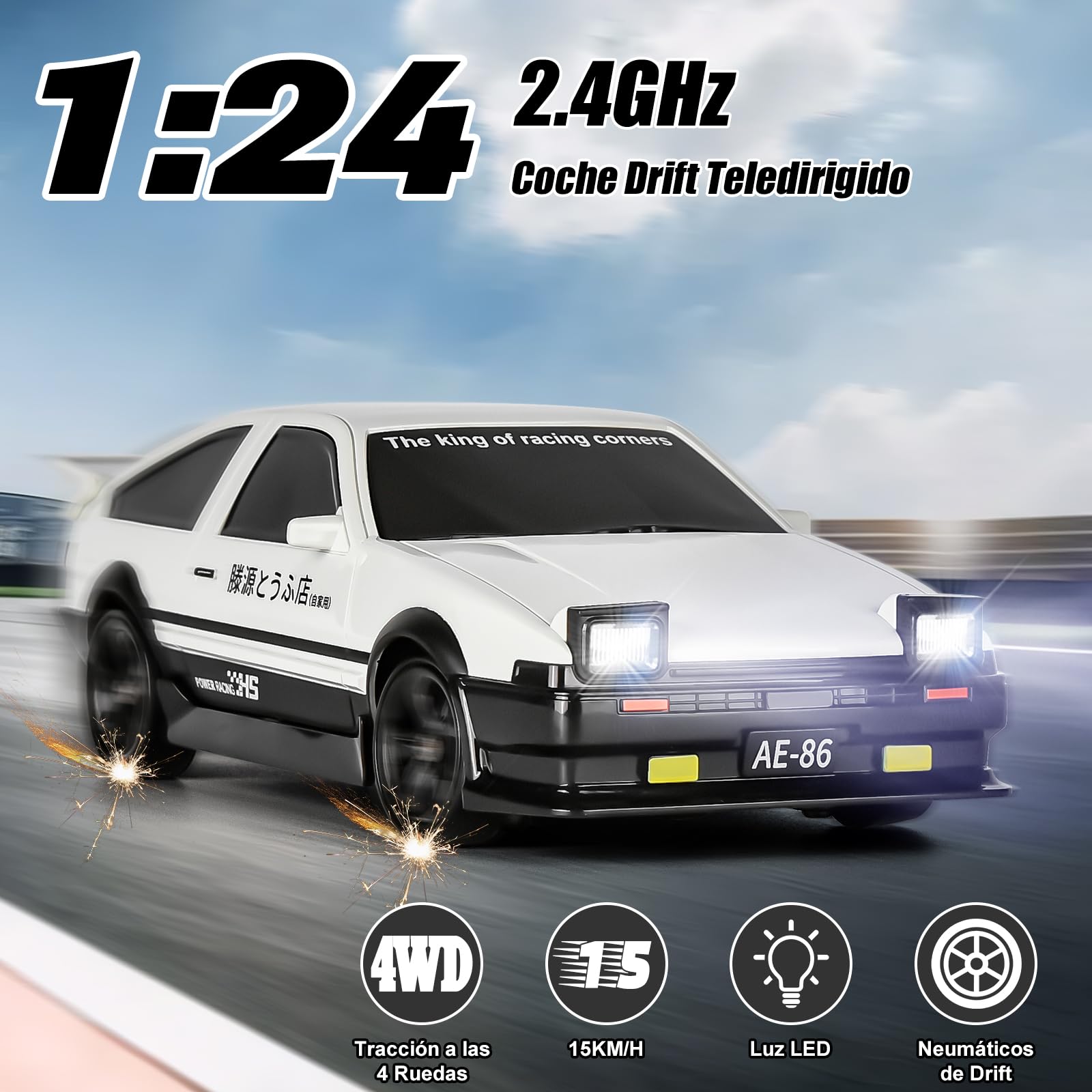 BuzzoXerex Coche Teledirigido Drift, 1:24 Drift RC Car, 18km/h 4WD Mini Car Teledirigido con Kit Barricada, Luces LED, Radiocontrol Coche de Juguete para Adultos y Niños Mayores de 6 Años (Blanco)
