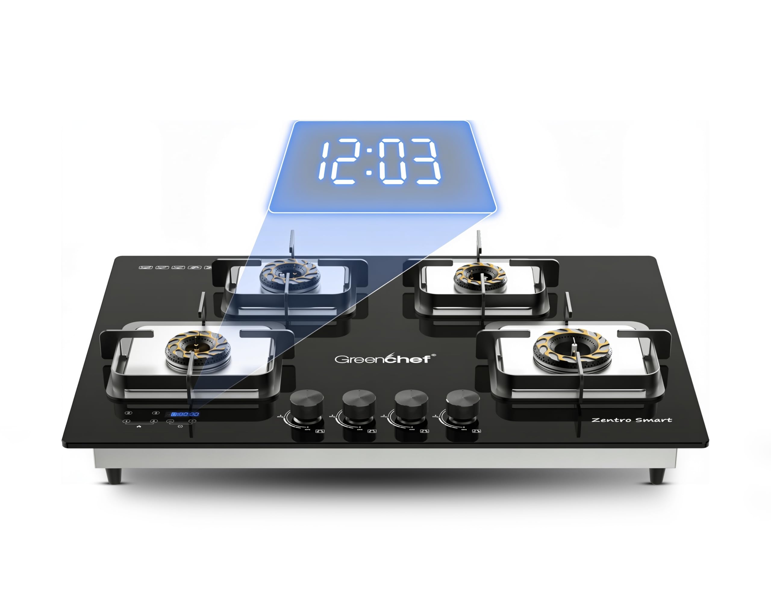 Greenchef Zentro Smart Four burner Glass Hob Top| Digital timer| Featured with Flame failure| Black Color| High efficiency tornado Burners|-image-33