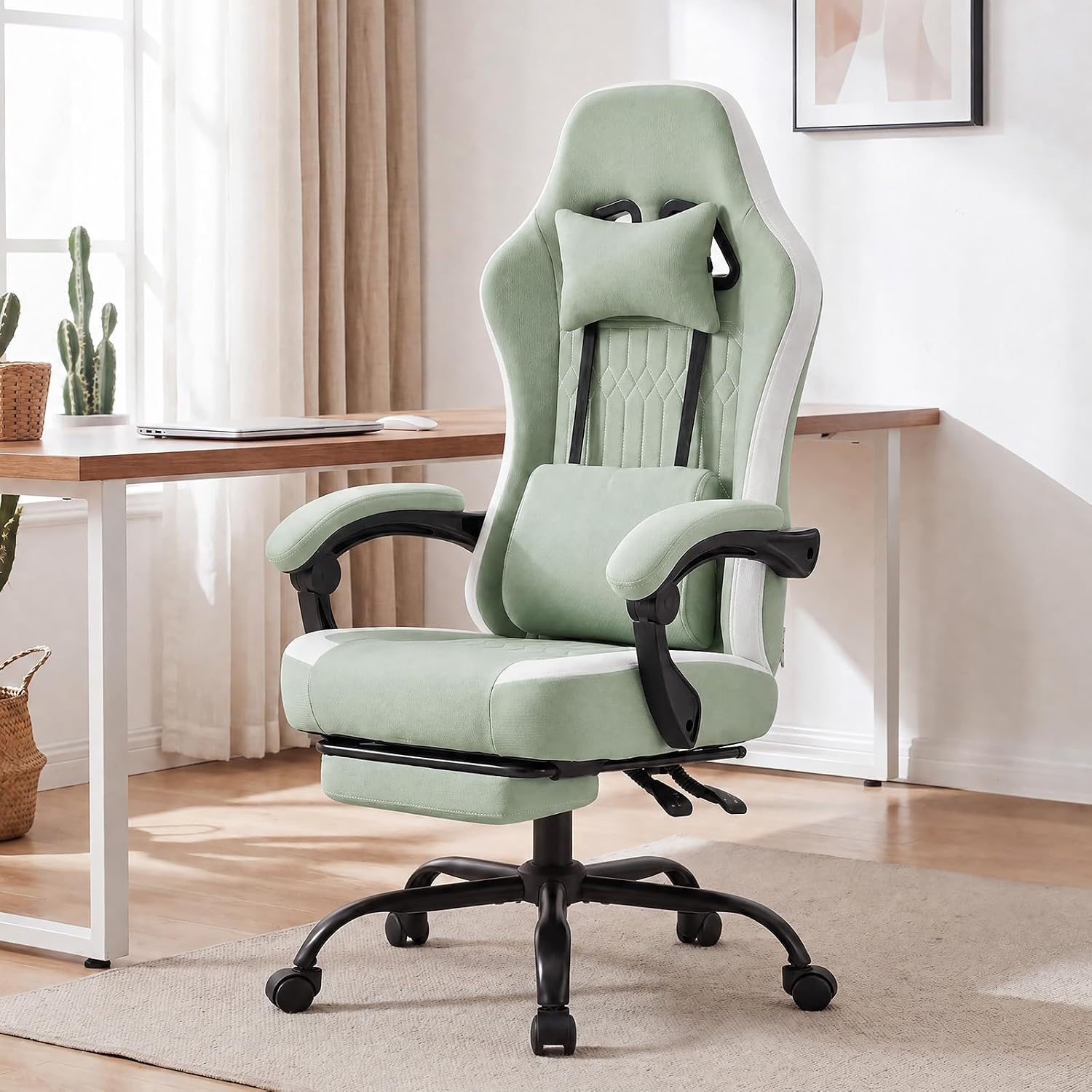 Computer Gaming Chair - High Back Ergonomic Desk Chair with Footrest and Lumbar Support, Height Adjustable Task Chair with Linkage Armrests and Headrest, 360° Swivel Wheels, Green