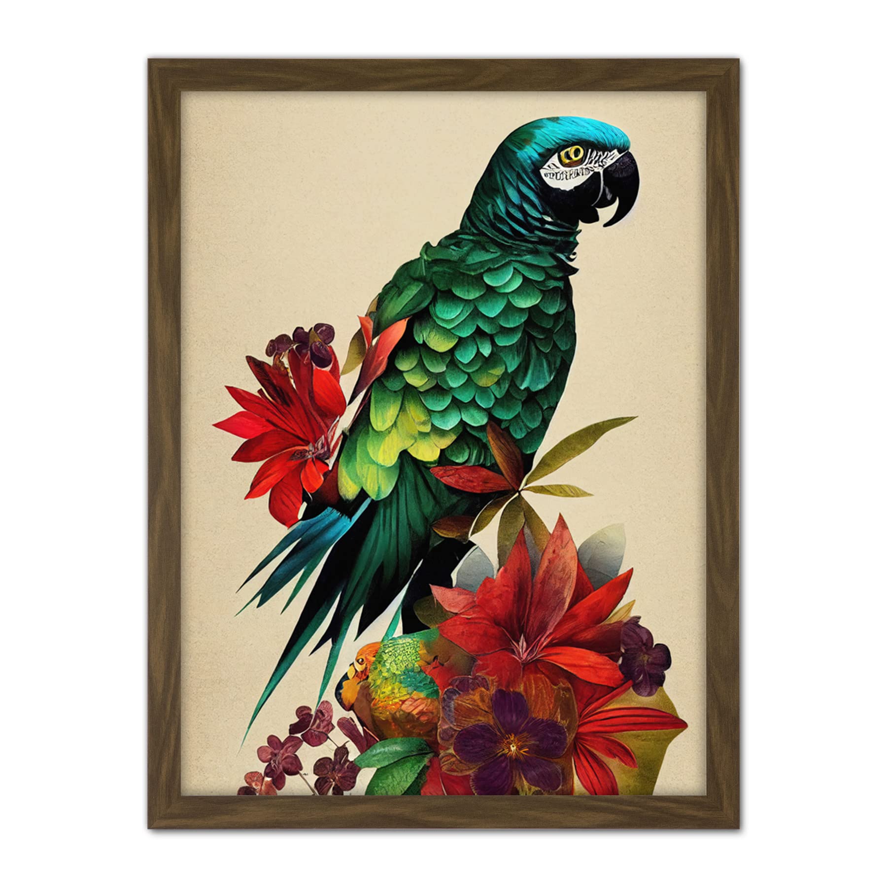 Doppelganger33 LTD Exotic Flowers And Feathers Macaw Parrot And Jungle Blooms Artwork Framed Wall Art Print 18X24 Inch