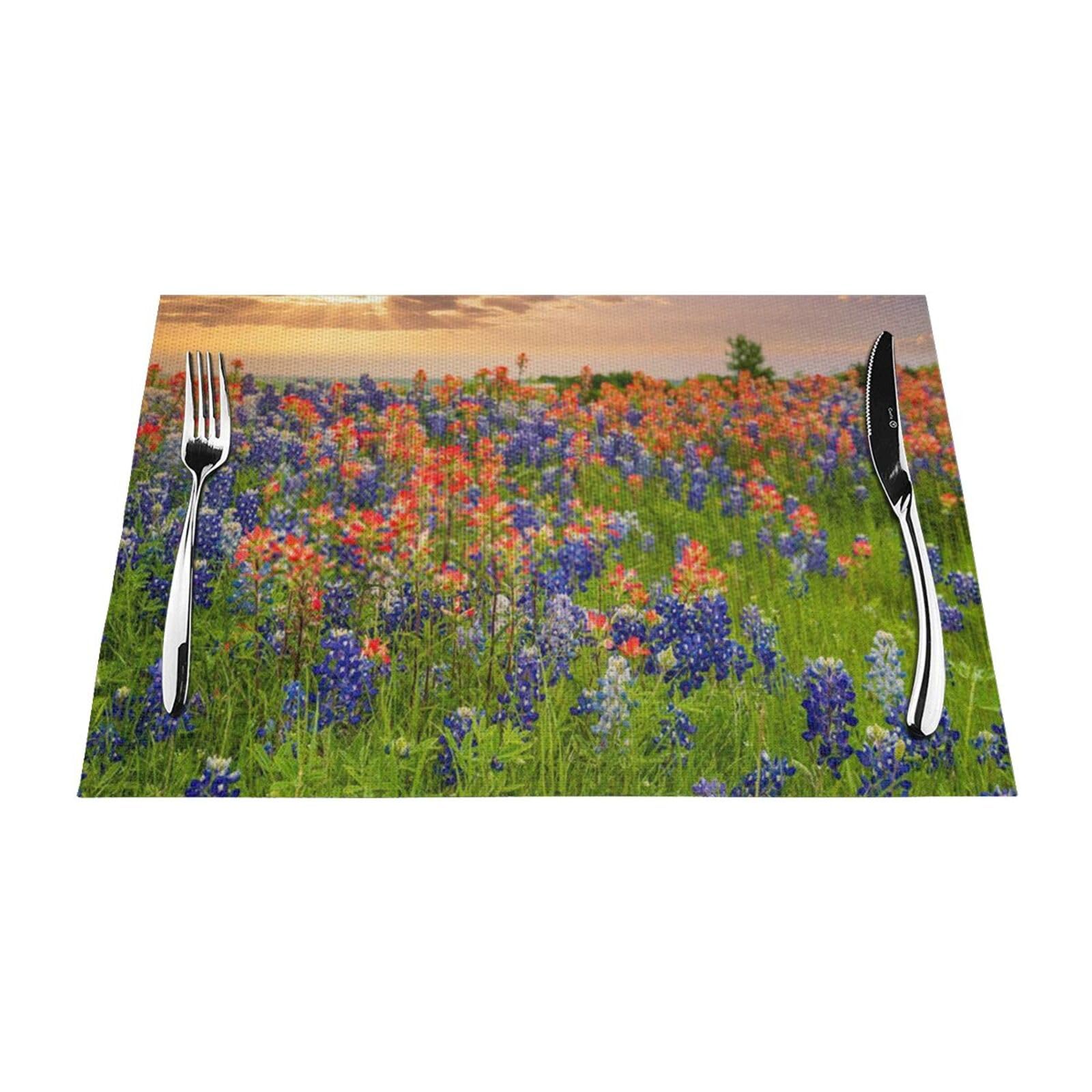 PVC Placemat Set of 1 PCS, 45x30 CM, Texas Bluebonnets Scenery Printed Non-Slip Heat Resistant Place Mats for Kitchen Dining Table Indoor Outdoor
