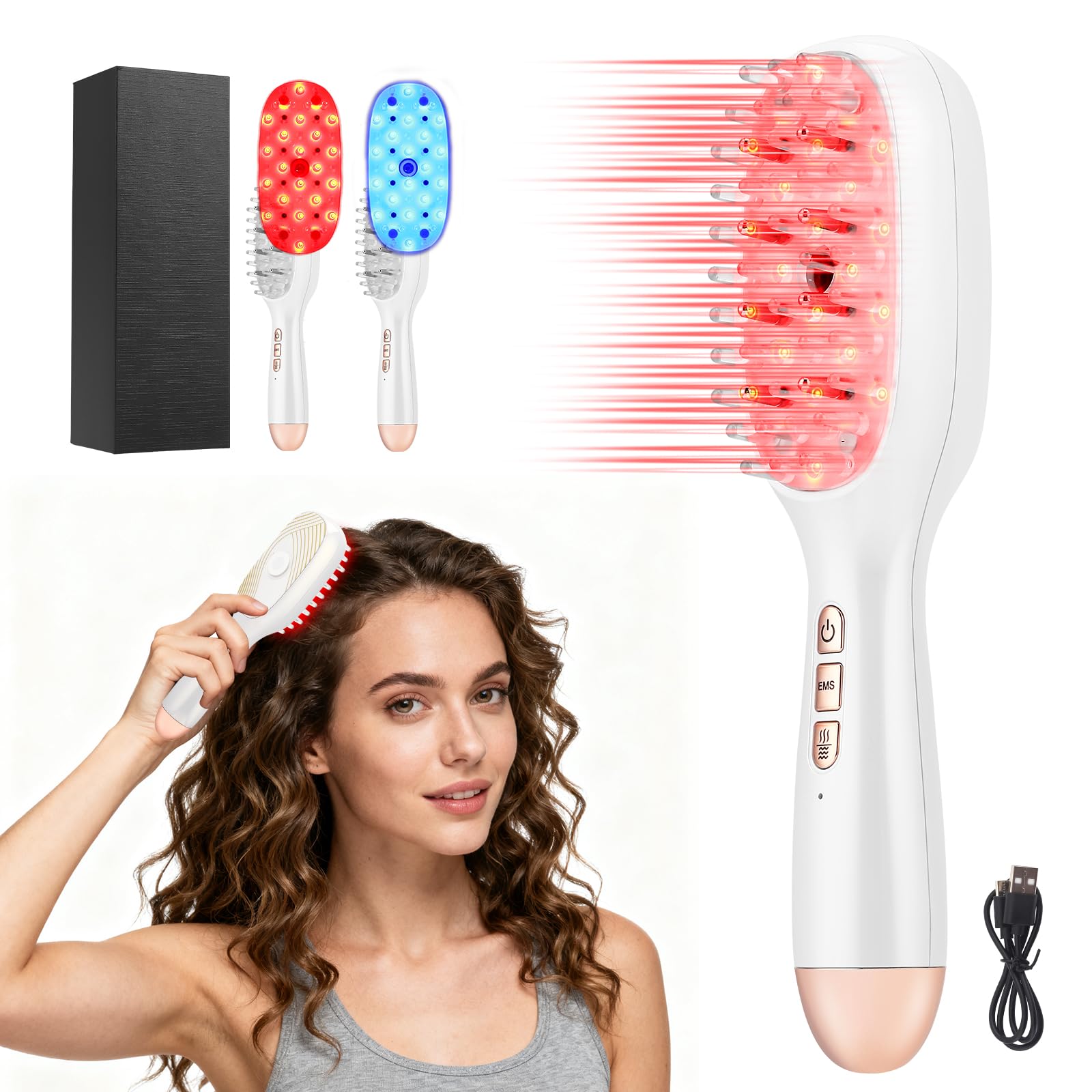 EMS Mikrostrom Haarbürste mit Rot & Blaulicht, Nano-Verdampfung Kopfmassagegerät für Haarwuchs, 7000/min Vibration für Kopfhautpflege gegen Haarausfall