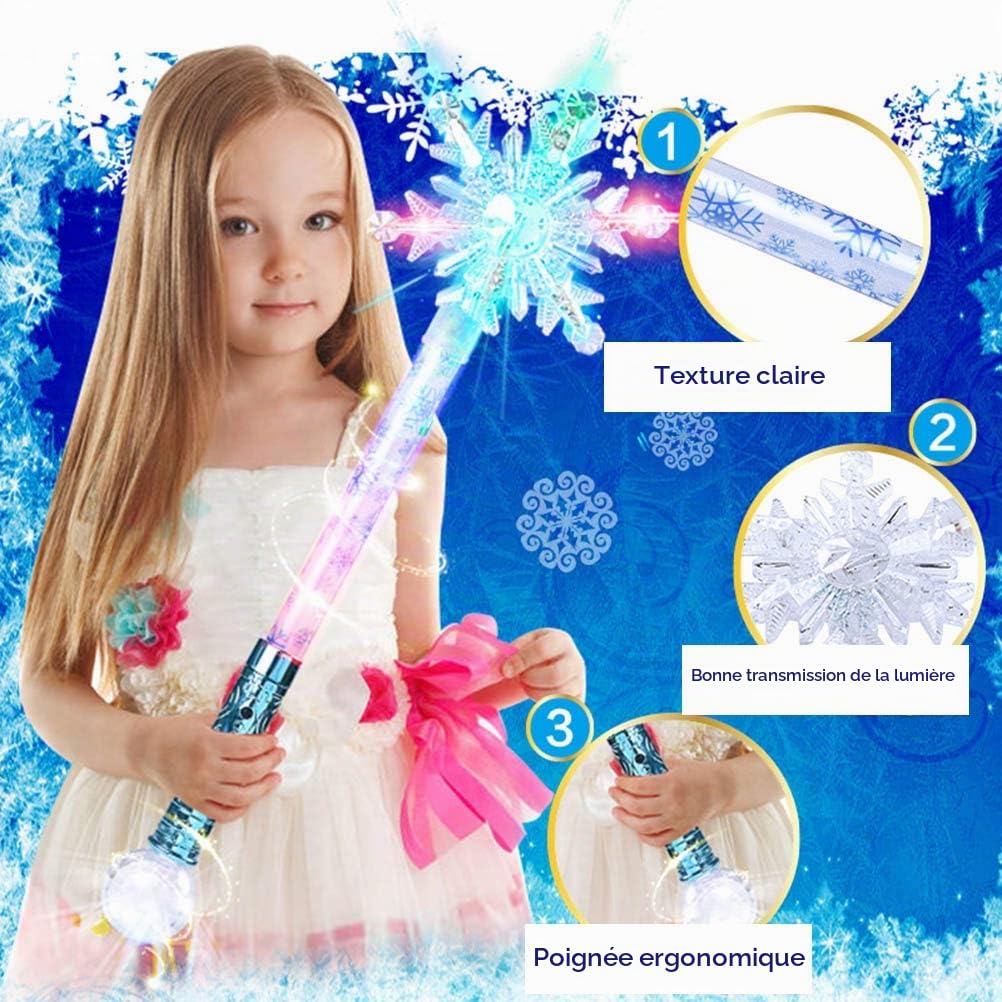 Baguette magique éclairée en forme de flocon de neige avec son, baguettes de fée / princesse pour enfants, sensibles au mouvement, jouets pour filles, 4 pièces, (mélangées