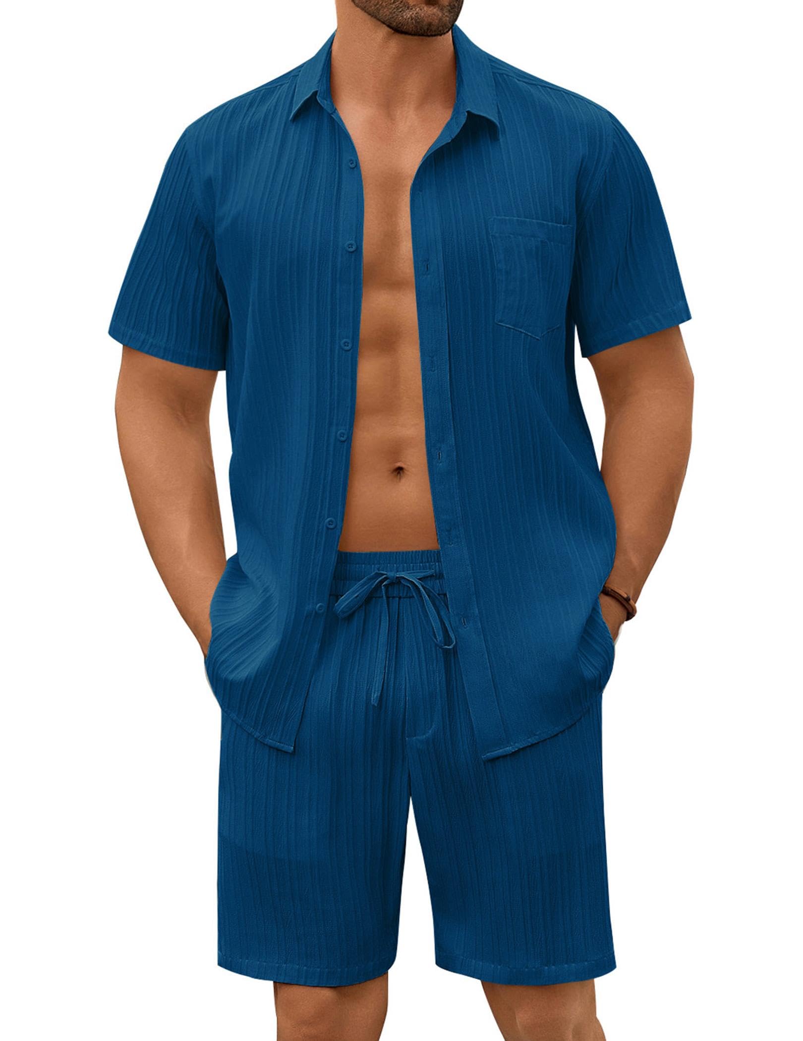 COOFANDY Mens Beach Outfits 2 Piece Sets Casual Short Sleeve Button Down Summer Textured Shirt