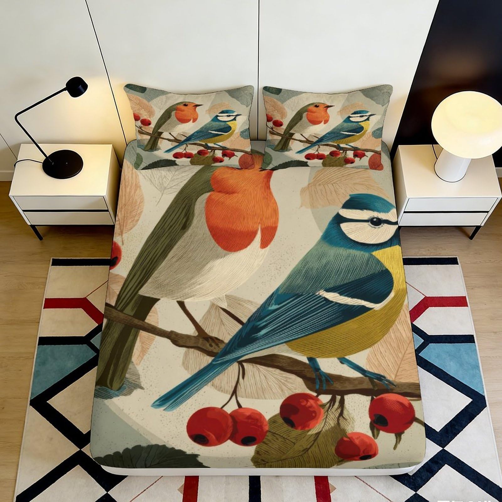 3D Printed Birds and Fruits Fitted Sheet Microfiber Soft Decorative Mattress Cover for Bedroom Guest Room Dorm 90x200x25cm
