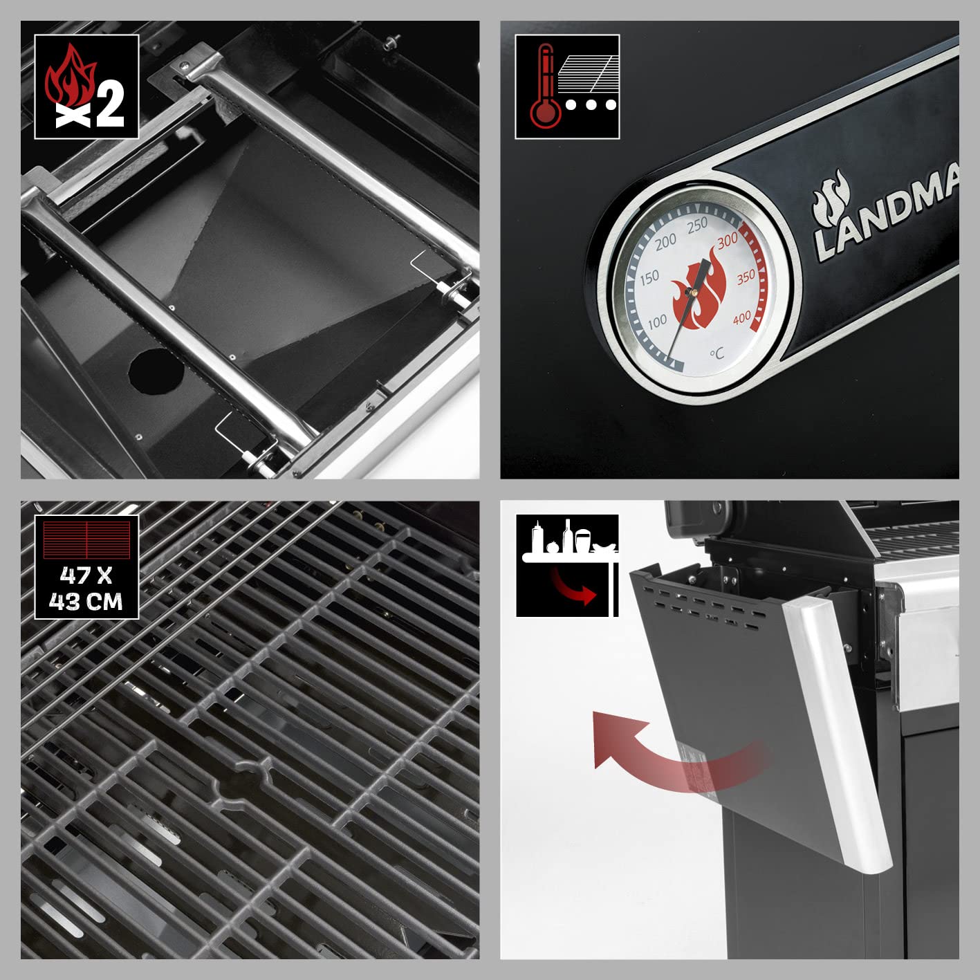 LANDMANN Grill gazowy Triton PTS 2.0 | Premium grill gazowy z pokrywką z podwójnymi ściankami i termometrem w pokrywie | ruszt do grillowania z emaliowanego żeliwa zapewnia doskonały branding
