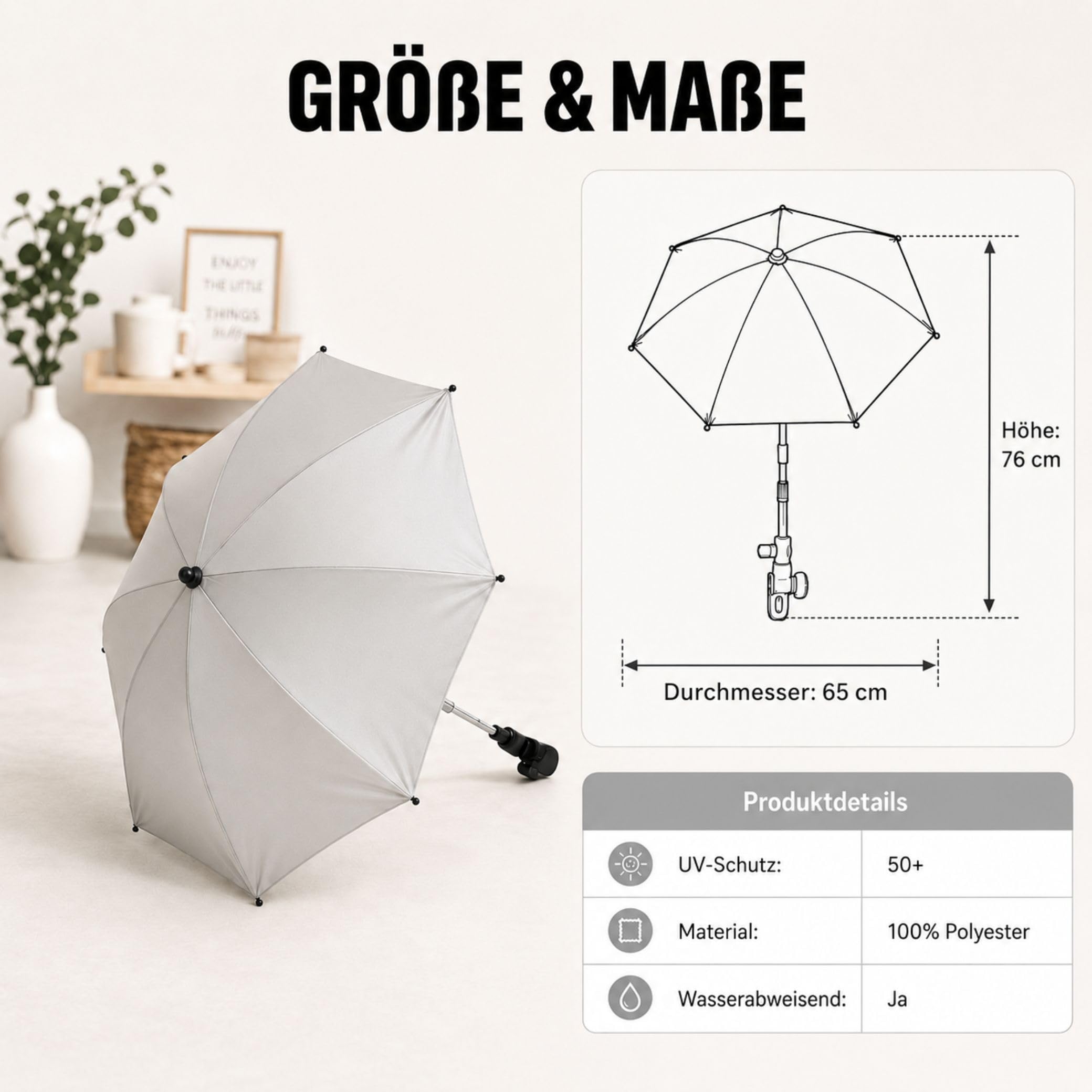 Fillikid Sonnenschirm Kinderwagen Exclusiv | UV-Schutz 50+ | Sonnenschutz Kinderwagen | Universalhalterung für Rund- und Ovalrohre, einstellbar | Leicht zu Reinigen | Kinderwagen Sonnenschirm