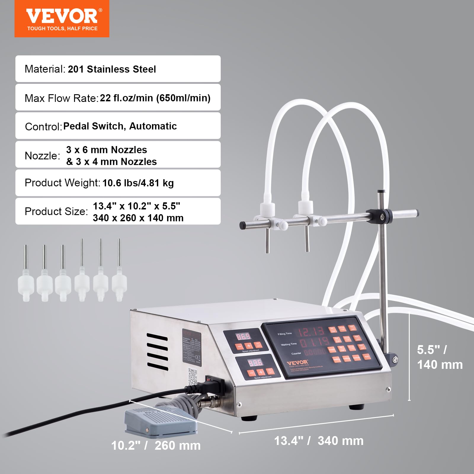 VEVOR Abfüllmaschine Automatisch/Pedalschalter Flüssigkeitsabfüllmaschine 650 ml/min Flaschenabfüllmaschine 340 x 260 x 140 mm Pastenfüllmaschine Edelstahl 201 Füllmaschine Digital Wein Milch usw.