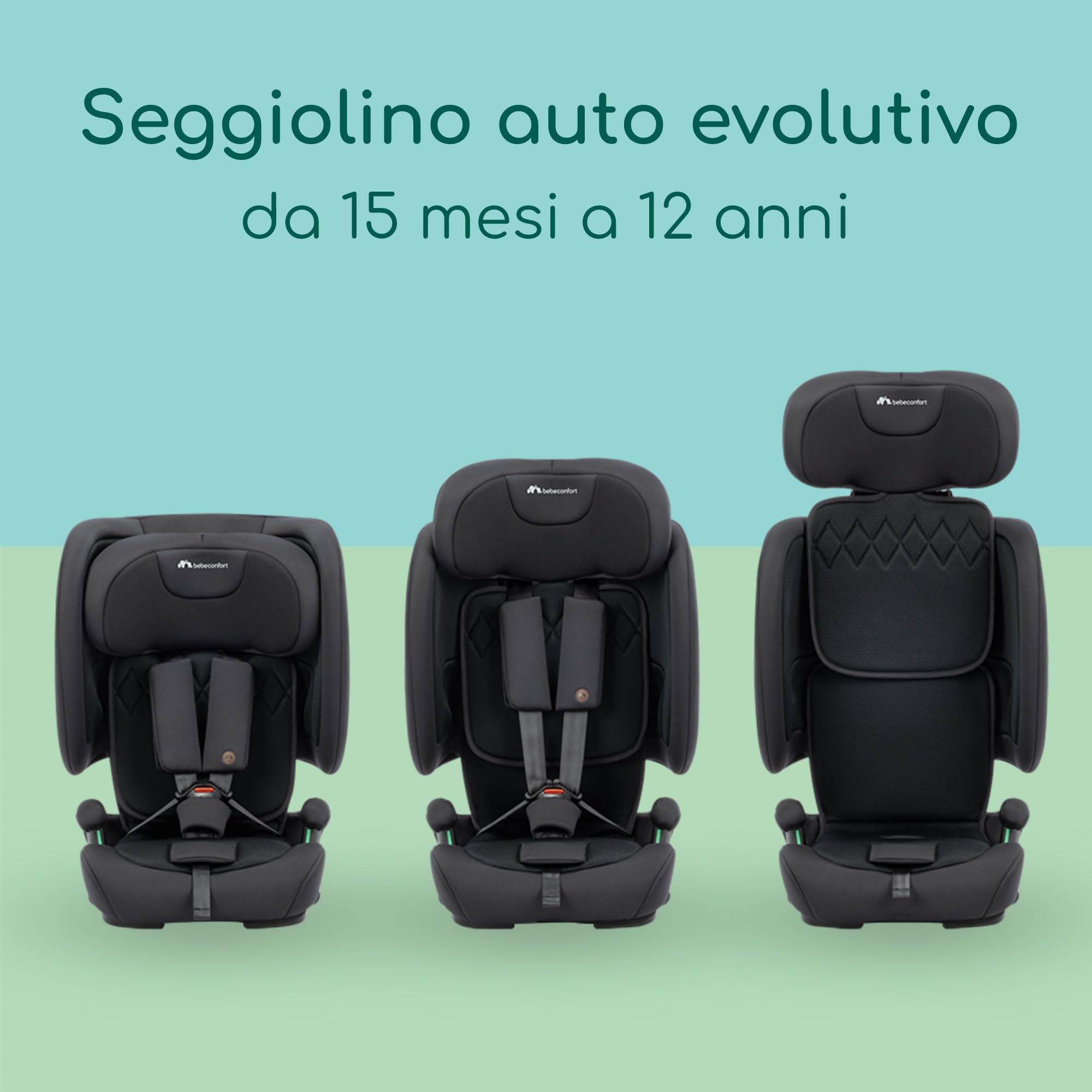 Bebeconfort Ever & Go i-Size, Seggiolino Auto 9-36 kg Evolutivo, 15 Mesi - 12 Anni, 76-150 cm, Seggiolino Auto Pieghevole ISOFIX, Leggero e Compatto (6kg), 15 Posizioni Poggiatesta, Full Black