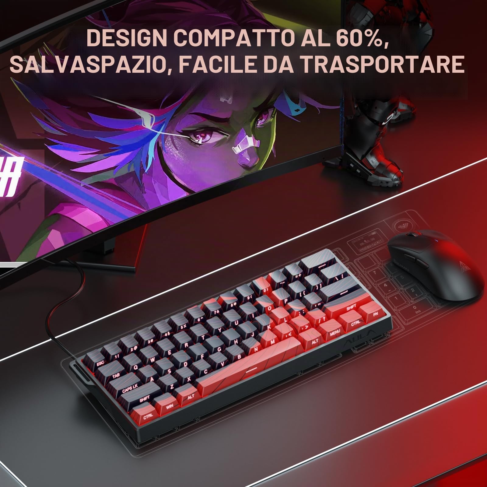 AULA WIN60 HE MAX - Tastiera meccanica da gaming cablata al 60%, switch magnetici ad effetto Hall hot-swappable, attivazione regolabile, modalità Rapid Trigger, frequenza di polling 8000 Hz, design